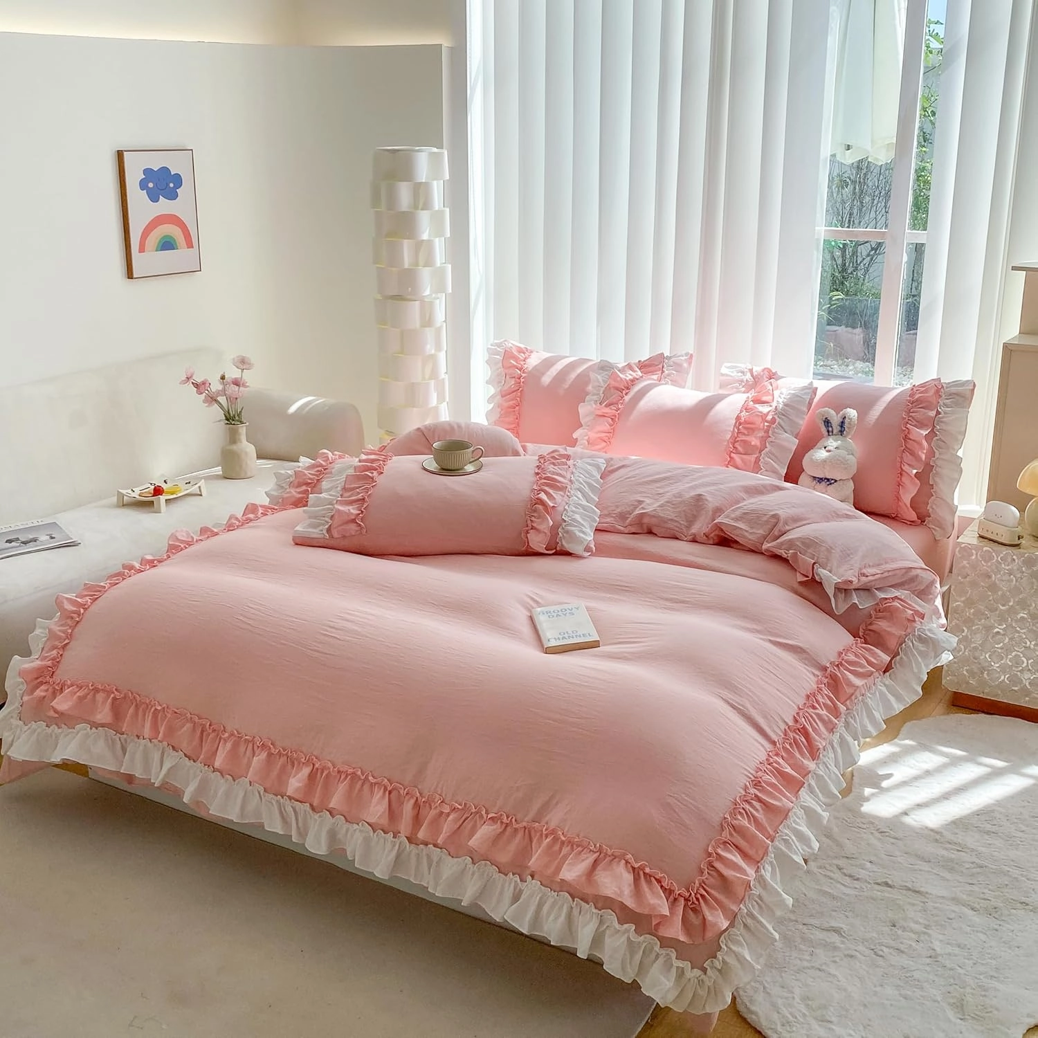 Shabby Chic 3 Pieces Bedding,Vintage Ruffled Full Duvet Cover Set with 2 Layers Ruffles,Soft Brushed Microfiber Set with Zipper Closure,Lightweight Duvet Cover Set-Pink,Full