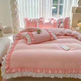 Shabby Chic 3 Pieces Bedding,Vintage Ruffled Full Duvet Cover Set with 2 Layers Ruffles,Soft Brushed Microfiber Set with Zipper Closure,Lightweight Duvet Cover Set-Pink,Full