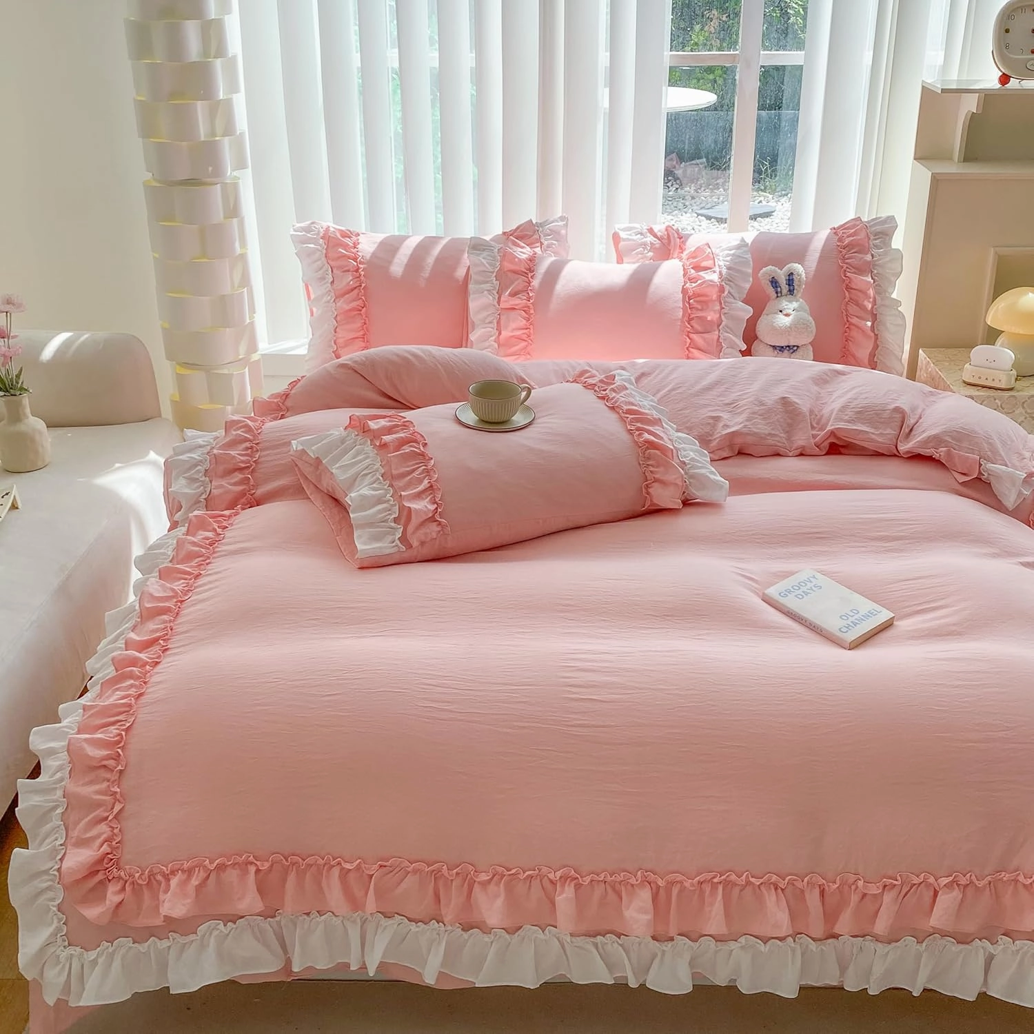 Shabby Chic 3 Pieces Bedding,Vintage Ruffled Full Duvet Cover Set with 2 Layers Ruffles,Soft Brushed Microfiber Set with Zipper Closure,Lightweight Duvet Cover Set-Pink,Full