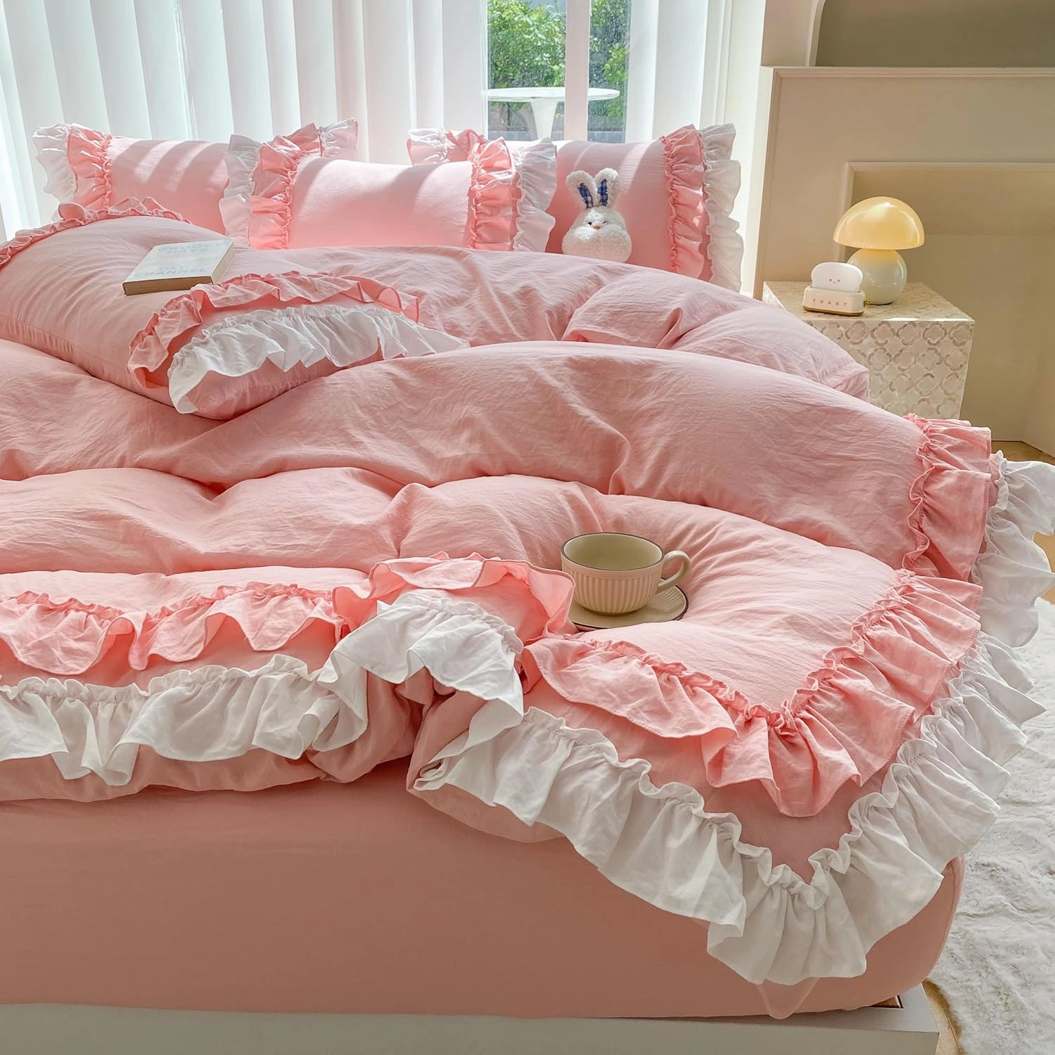 Shabby Chic 3 Pieces Bedding,Vintage Ruffled Full Duvet Cover Set with 2 Layers Ruffles,Soft Brushed Microfiber Set with Zipper Closure,Lightweight Duvet Cover Set-Pink,Full