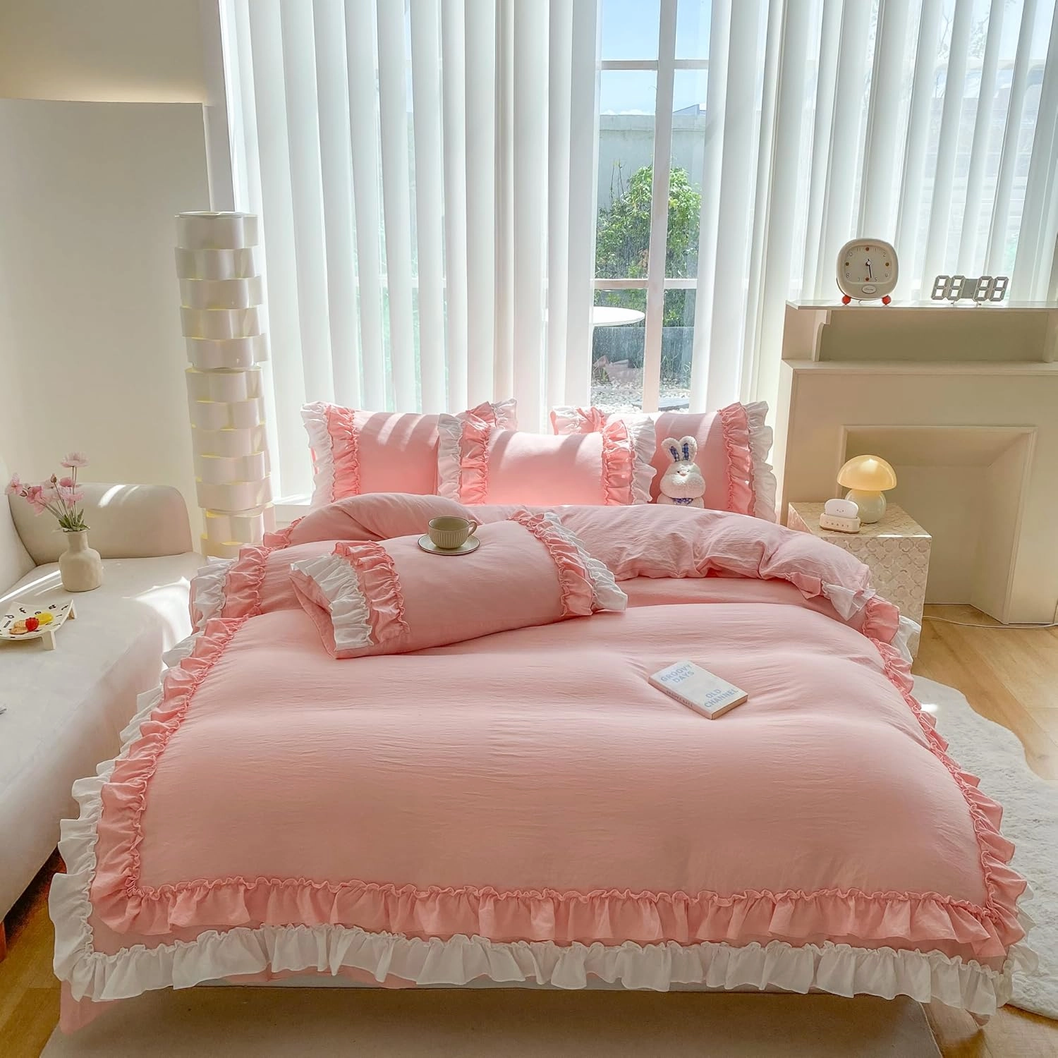 Shabby Chic 3 Pieces Bedding,Vintage Ruffled Full Duvet Cover Set with 2 Layers Ruffles,Soft Brushed Microfiber Set with Zipper Closure,Lightweight Duvet Cover Set-Pink,Full
