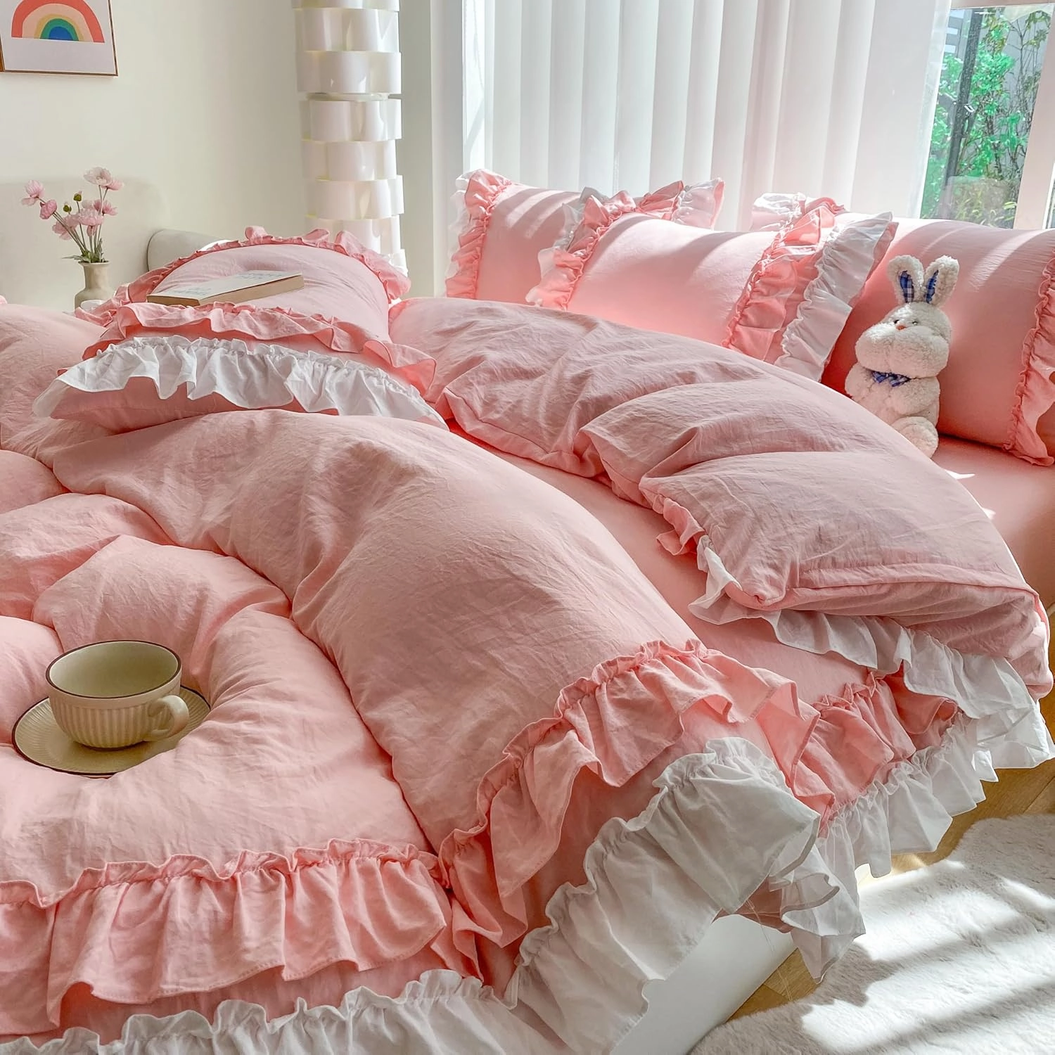Shabby Chic 3 Pieces Bedding,Vintage Ruffled Full Duvet Cover Set with 2 Layers Ruffles,Soft Brushed Microfiber Set with Zipper Closure,Lightweight Duvet Cover Set-Pink,Full