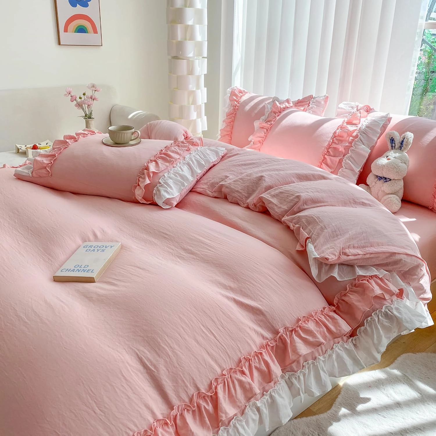 Shabby Chic 3 Pieces Bedding,Vintage Ruffled Full Duvet Cover Set with 2 Layers Ruffles,Soft Brushed Microfiber Set with Zipper Closure,Lightweight Duvet Cover Set-Pink,Full