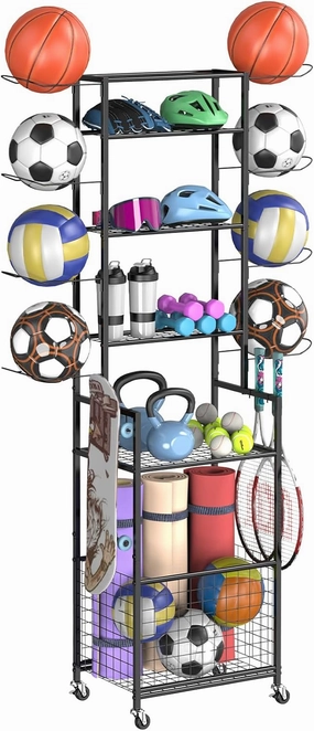 Shinoske Ball Storage Rack with Wheels,6-Tier Basketball Rack with Storage Basket and Hooks,Multi Use Garage Sports Equipment Organizer,for Sports Gear,Volleyball,Football,Indoor/Outdoor Use,Black