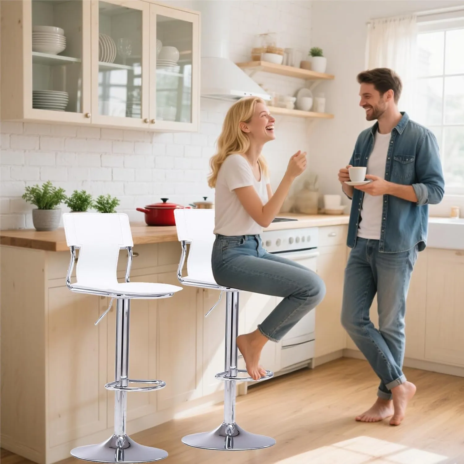 Sidanli Adjustable Bar Stools Set of 2, White Bar stools Set of 2 in Faux Leather, Swivel Bar Chairs Height Adjustable, Comfortable Bar Stools with Back for Kitchen Island, Dining Room