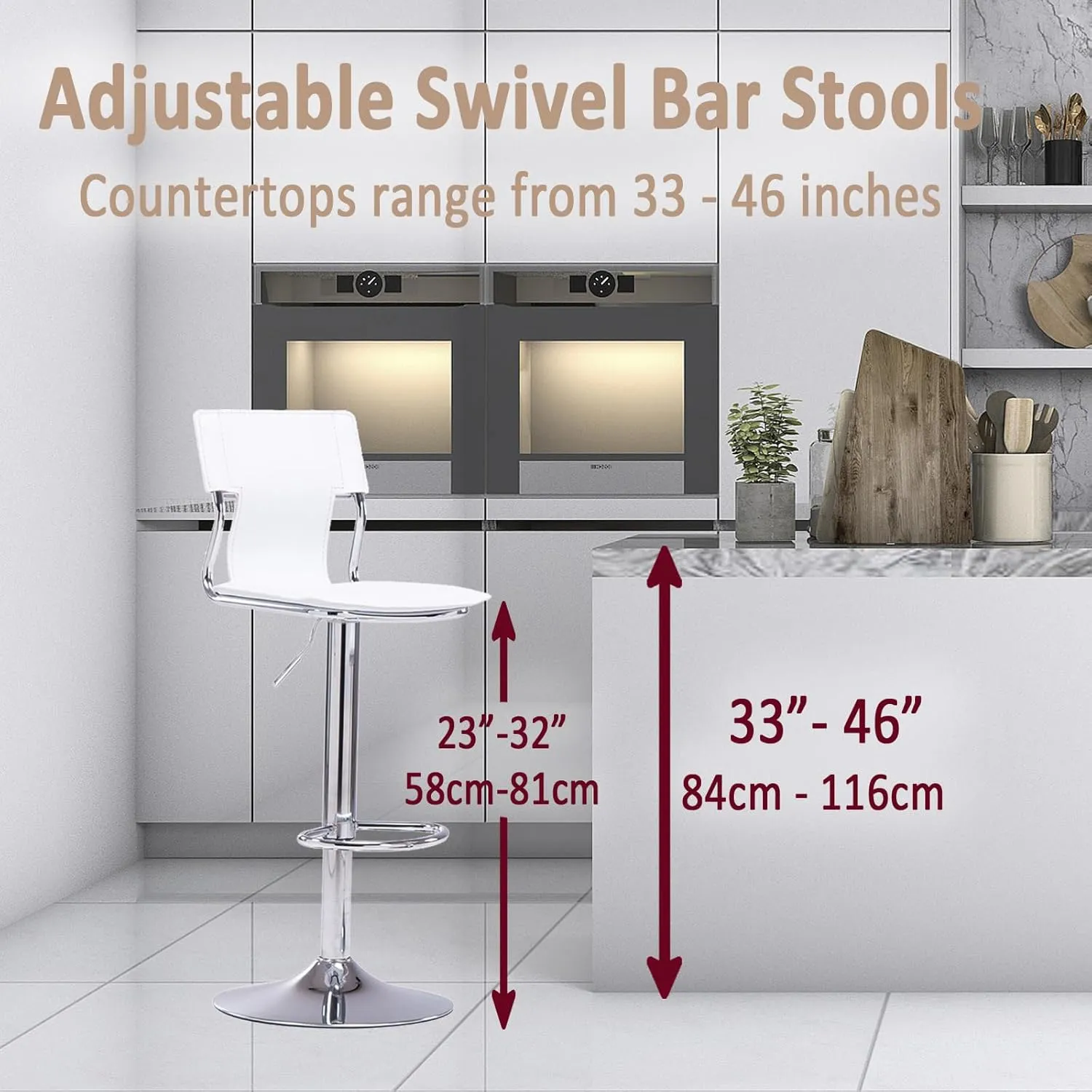 Sidanli Adjustable Bar Stools Set of 2, White Bar stools Set of 2 in Faux Leather, Swivel Bar Chairs Height Adjustable, Comfortable Bar Stools with Back for Kitchen Island, Dining Room