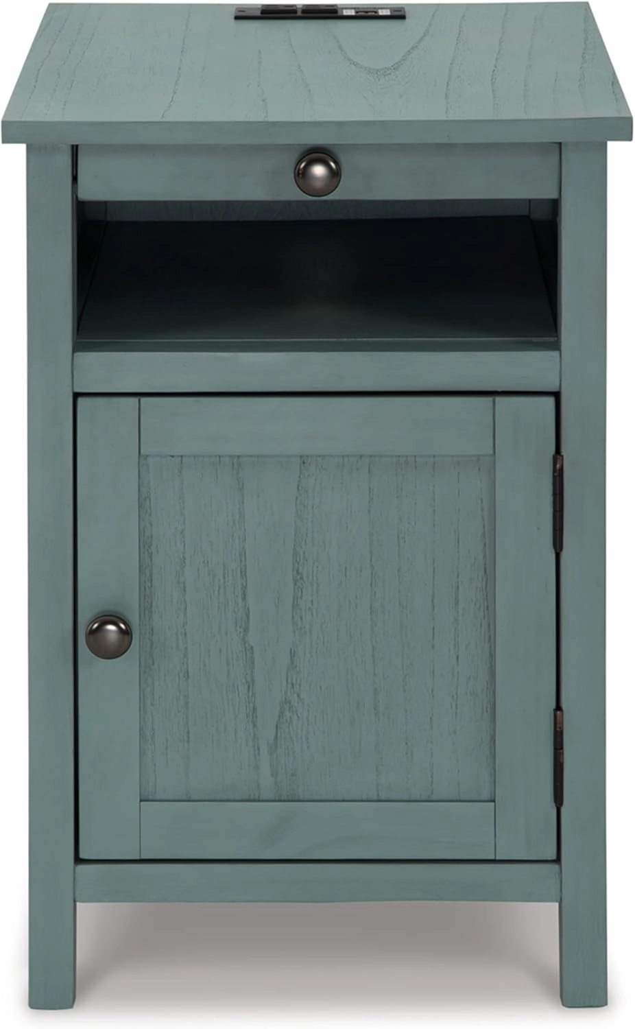 Signature Design by Ashley Treytown Casual Compact Chairside End Table with a Storage Cabinet, Open Cubby Shelf, Pull-Out Tray & USB Charging Ports, Blue
