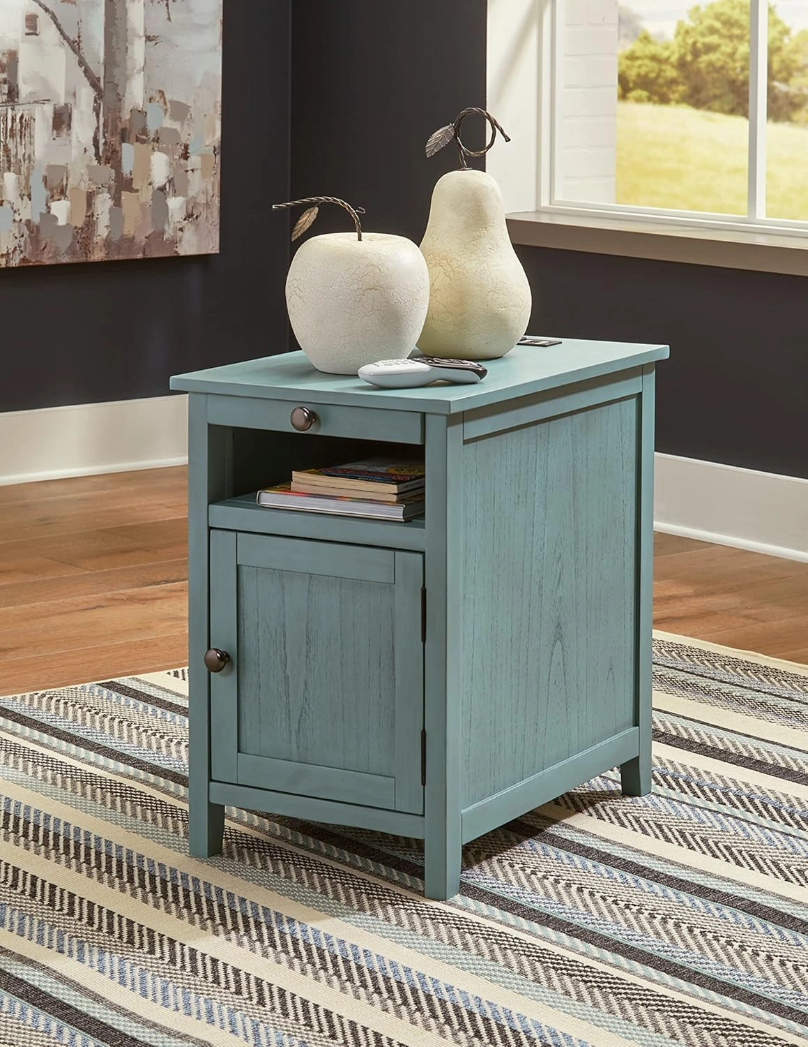 Signature Design by Ashley Treytown Casual Compact Chairside End Table with a Storage Cabinet, Open Cubby Shelf, Pull-Out Tray & USB Charging Ports, Blue