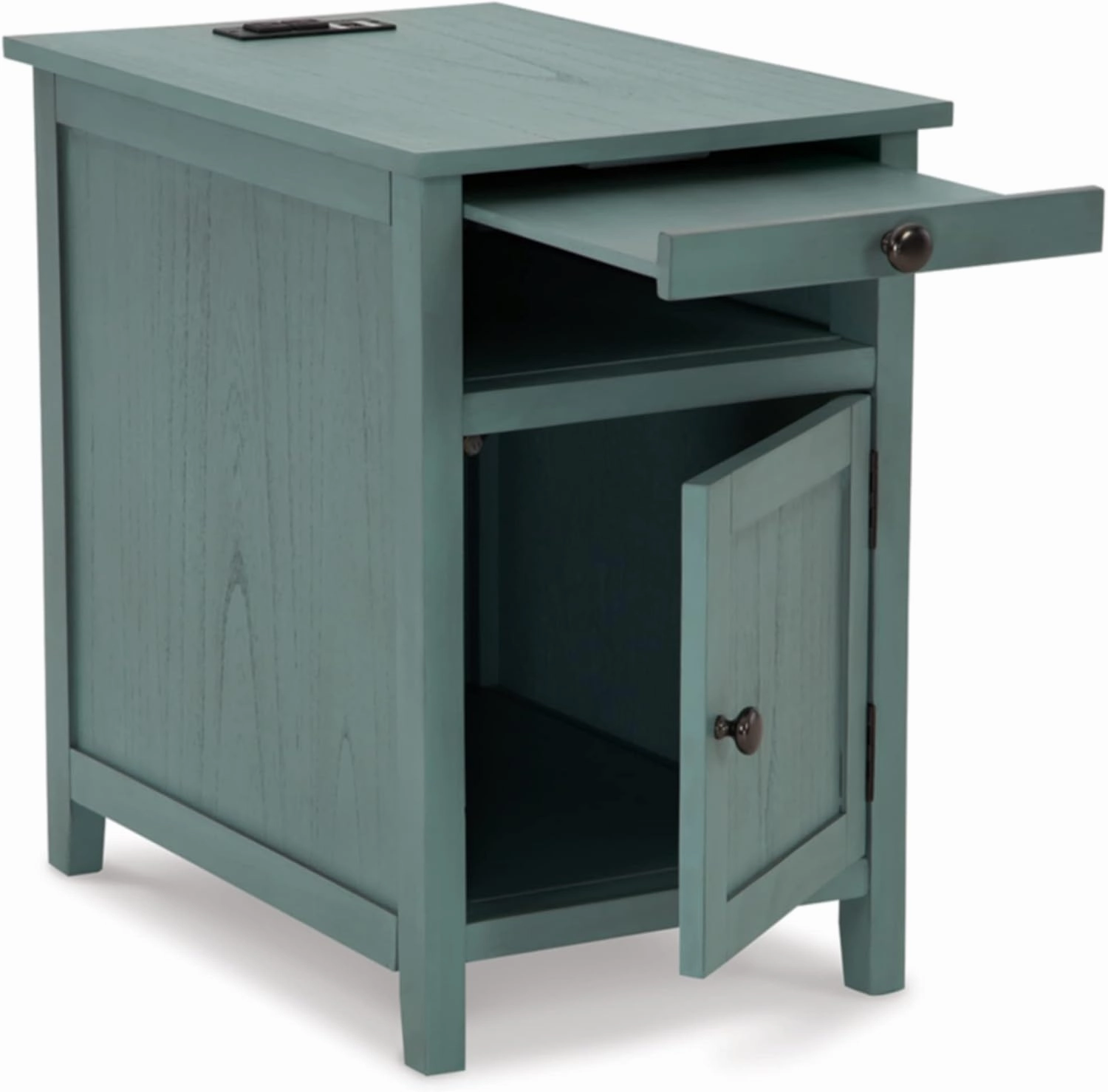 Signature Design by Ashley Treytown Casual Compact Chairside End Table with a Storage Cabinet, Open Cubby Shelf, Pull-Out Tray & USB Charging Ports, Blue