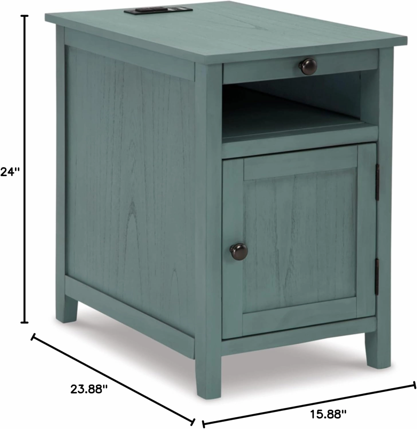 Signature Design by Ashley Treytown Casual Compact Chairside End Table with a Storage Cabinet, Open Cubby Shelf, Pull-Out Tray & USB Charging Ports, Blue