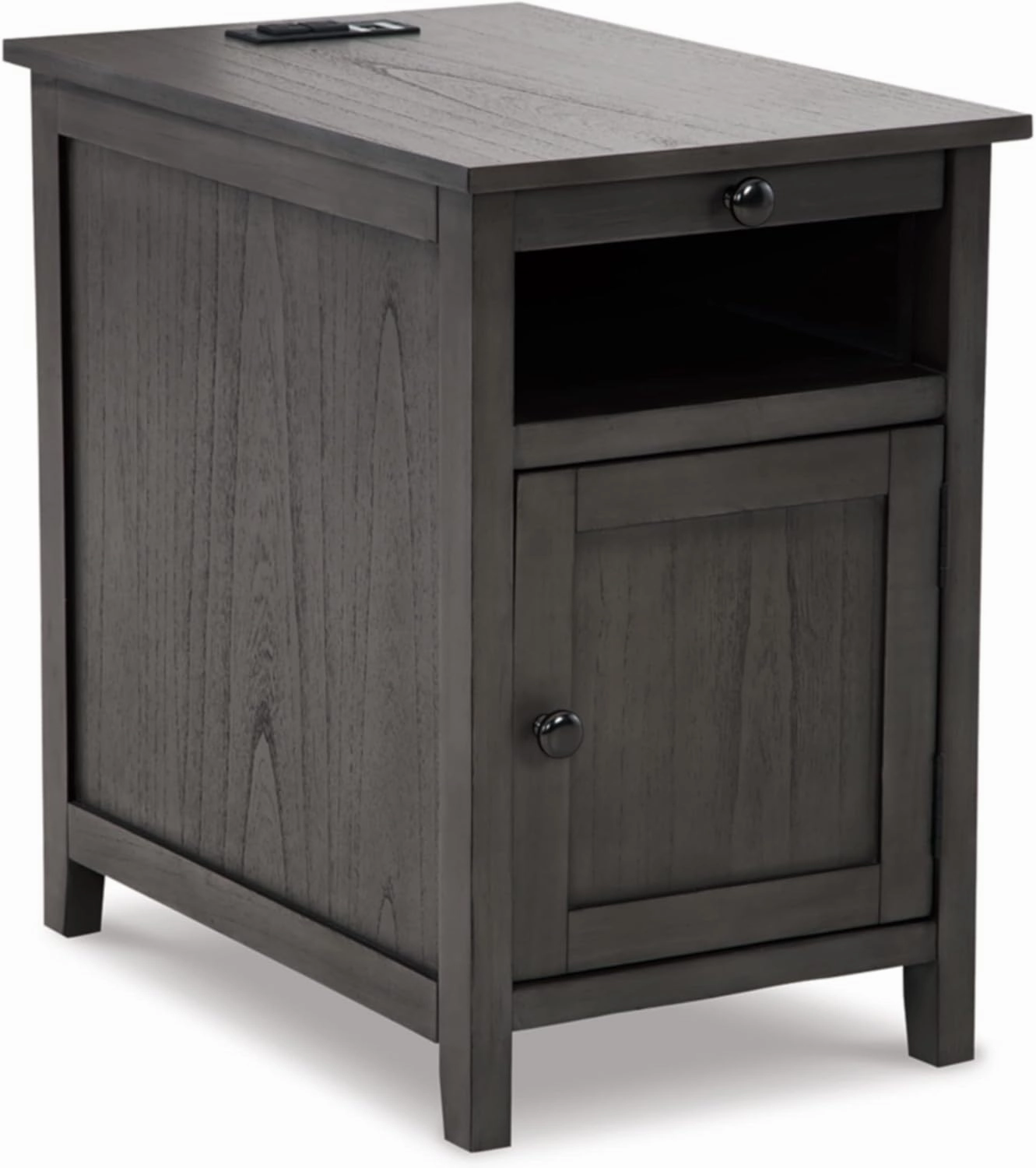 Signature Design by Ashley Treytown Casual Compact Chairside End Table with a Storage Cabinet, Open Cubby Shelf, Pull-Out Tray & USB Charging Ports, Dark Gray