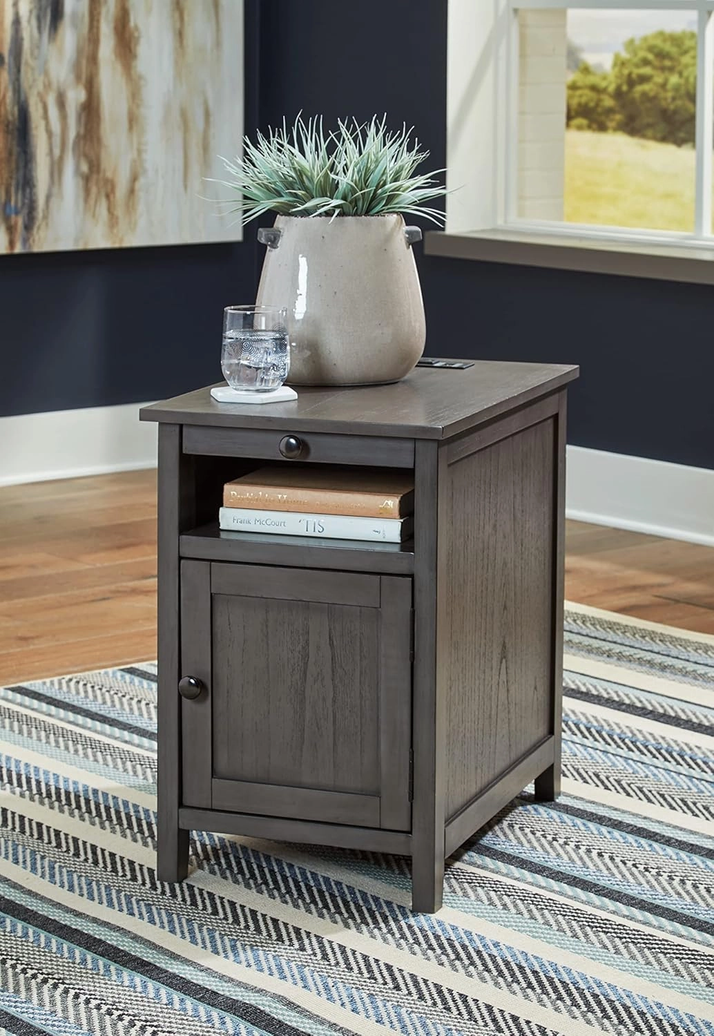Signature Design by Ashley Treytown Casual Compact Chairside End Table with a Storage Cabinet, Open Cubby Shelf, Pull-Out Tray & USB Charging Ports, Dark Gray