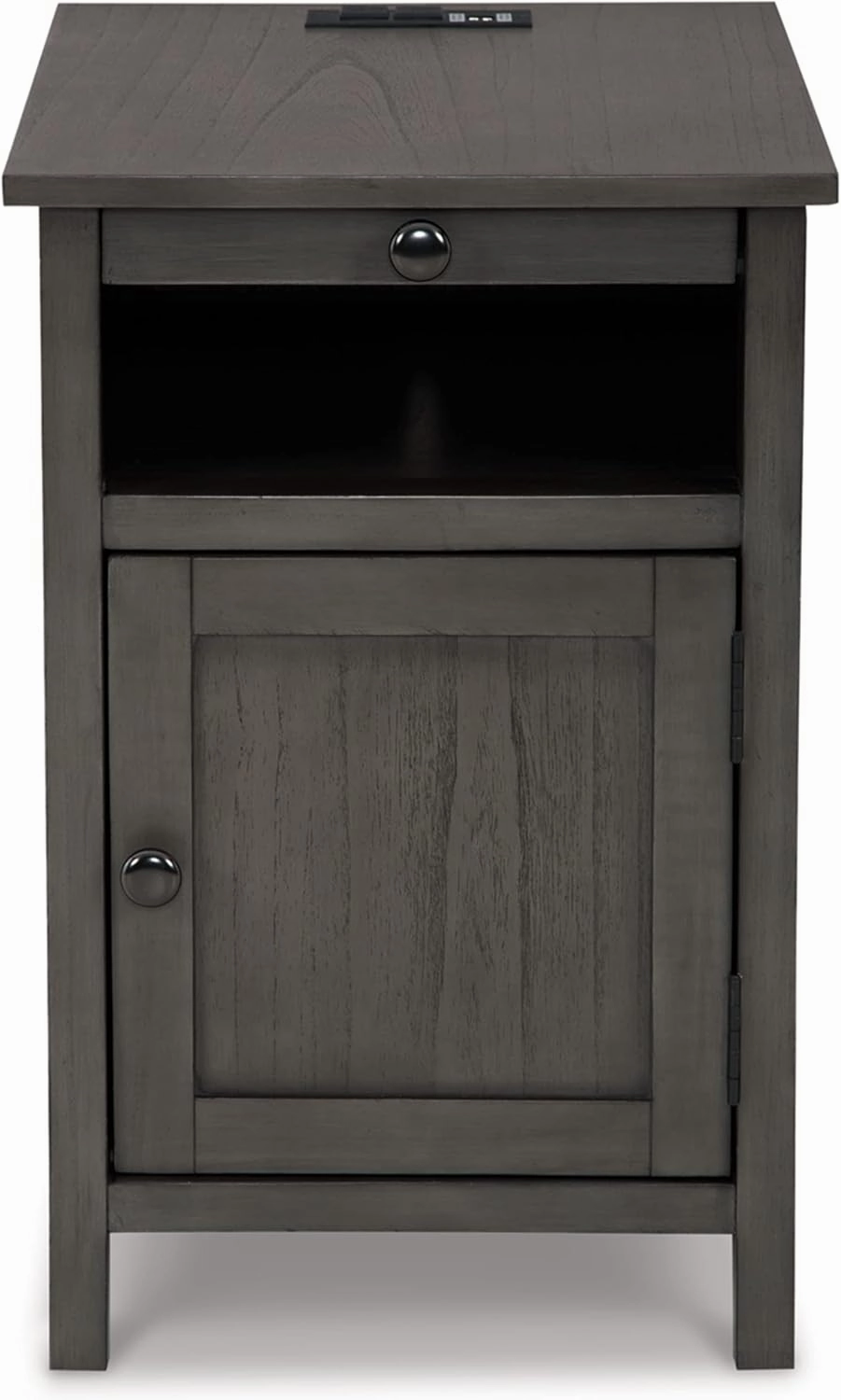 Signature Design by Ashley Treytown Casual Compact Chairside End Table with a Storage Cabinet, Open Cubby Shelf, Pull-Out Tray & USB Charging Ports, Dark Gray