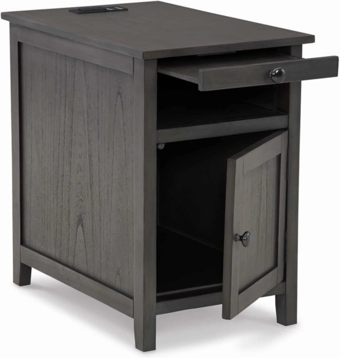 Signature Design by Ashley Treytown Casual Compact Chairside End Table with a Storage Cabinet, Open Cubby Shelf, Pull-Out Tray & USB Charging Ports, Dark Gray