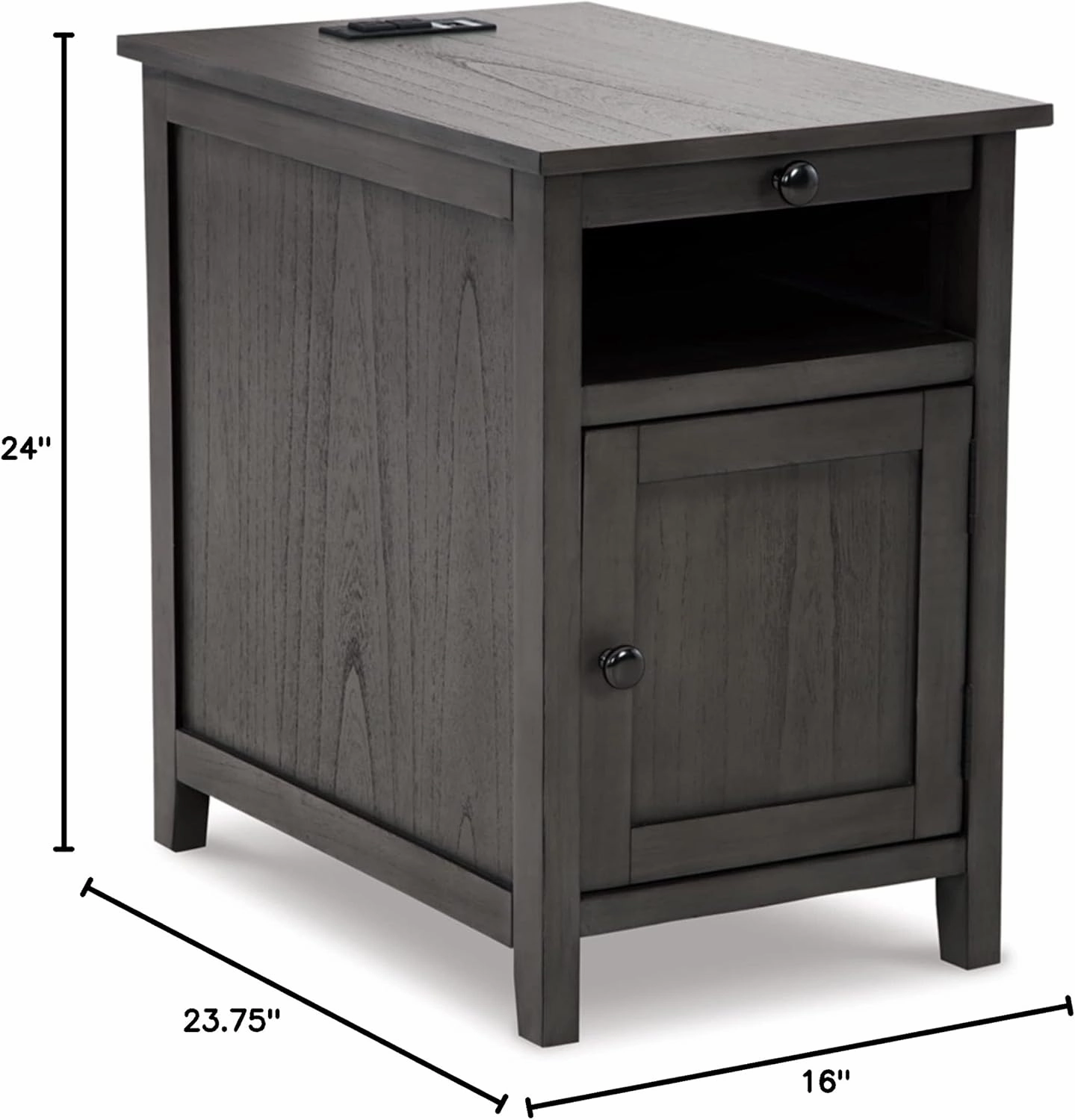 Signature Design by Ashley Treytown Casual Compact Chairside End Table with a Storage Cabinet, Open Cubby Shelf, Pull-Out Tray & USB Charging Ports, Dark Gray