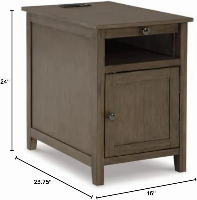 Signature Design by Ashley Treytown Casual Compact Chairside End Table with a Storage Cabinet, Open Cubby Shelf, Pull-Out Tray & USB Charging Ports, Grayish Brown