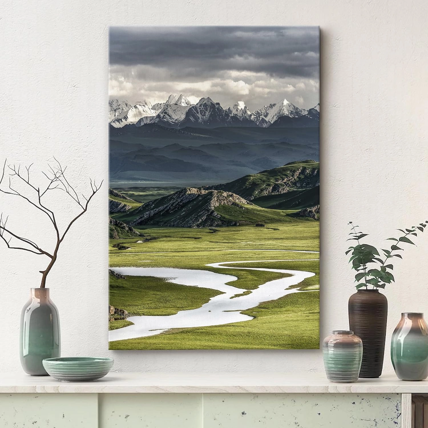 SIGNWIN Canvas Wall Art Snow-Capped Mountains and Green Valley Photography Modern Art Rustic Landscape Relax/Calm Multicolor for Living Room, Bedroom - 32"x48"