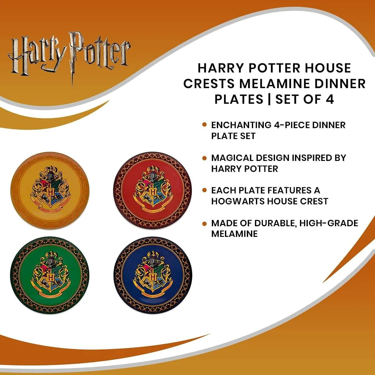 Silver Buffalo Harry Potter Hogwarts Crest Solid Diamond Pattern 4pc Melamine Plate Set, 10-Inches