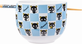 Silver Buffalo Hello Kitty and Friends Chococat Checkered Pattern Ceramic Ramen Noodle Rice Bowl with Chopsticks, Microwave Safe, 20 Ounces