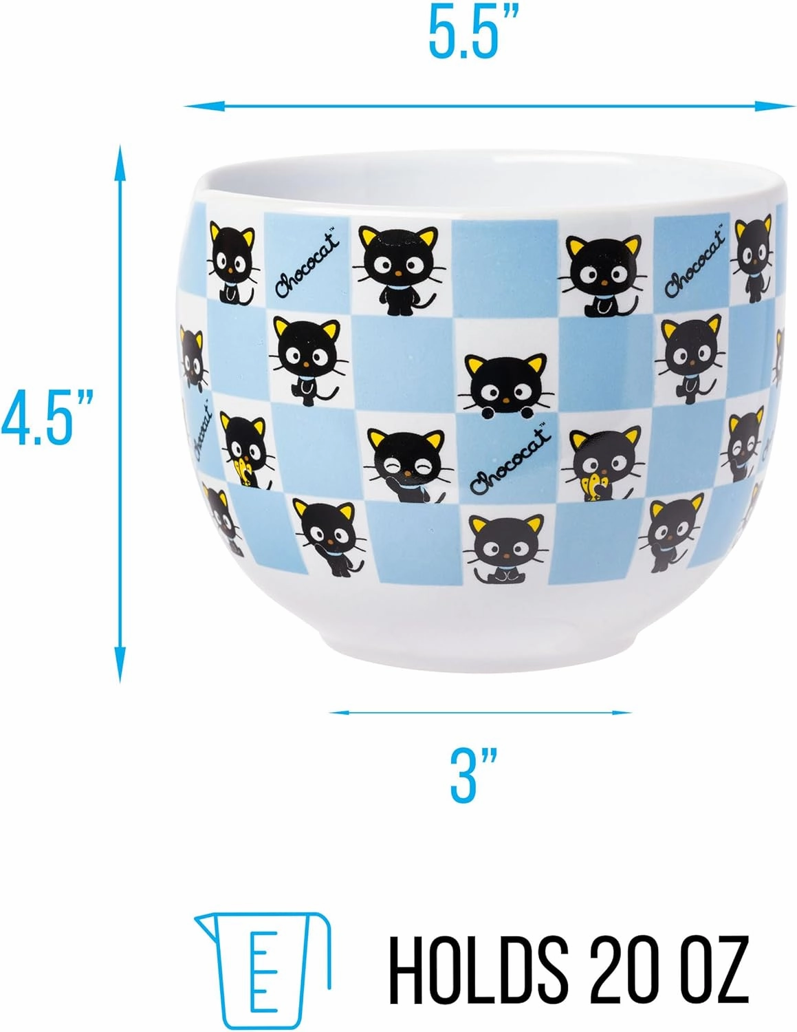 Silver Buffalo Hello Kitty and Friends Chococat Checkered Pattern Ceramic Ramen Noodle Rice Bowl with Chopsticks, Microwave Safe, 20 Ounces