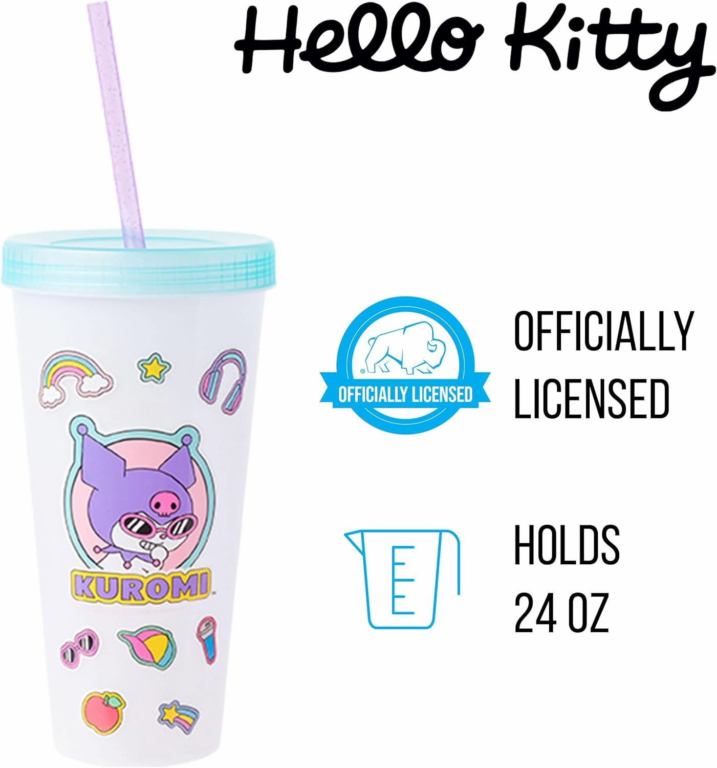 Silver Buffalo Sanrio Hello Kitty and Friends Sticker Design Featuring Kuromi, Keroppi, My Melody, and Hello Kitty 4 Pack Color Changing Plastic Tumbler Set with Glitter Straw, 24 Ounces