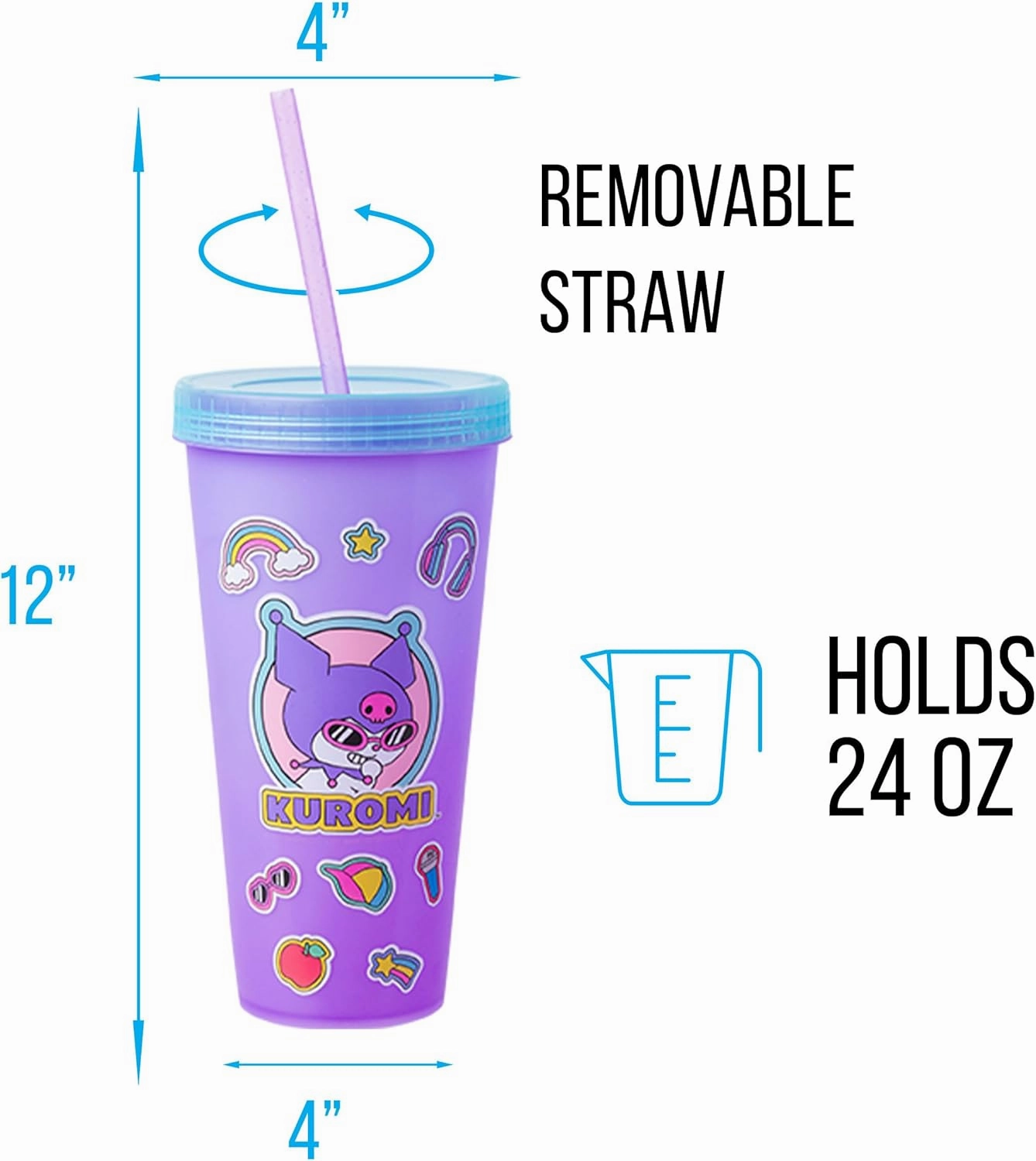 Silver Buffalo Sanrio Hello Kitty and Friends Sticker Design Featuring Kuromi, Keroppi, My Melody, and Hello Kitty 4 Pack Color Changing Plastic Tumbler Set with Glitter Straw, 24 Ounces