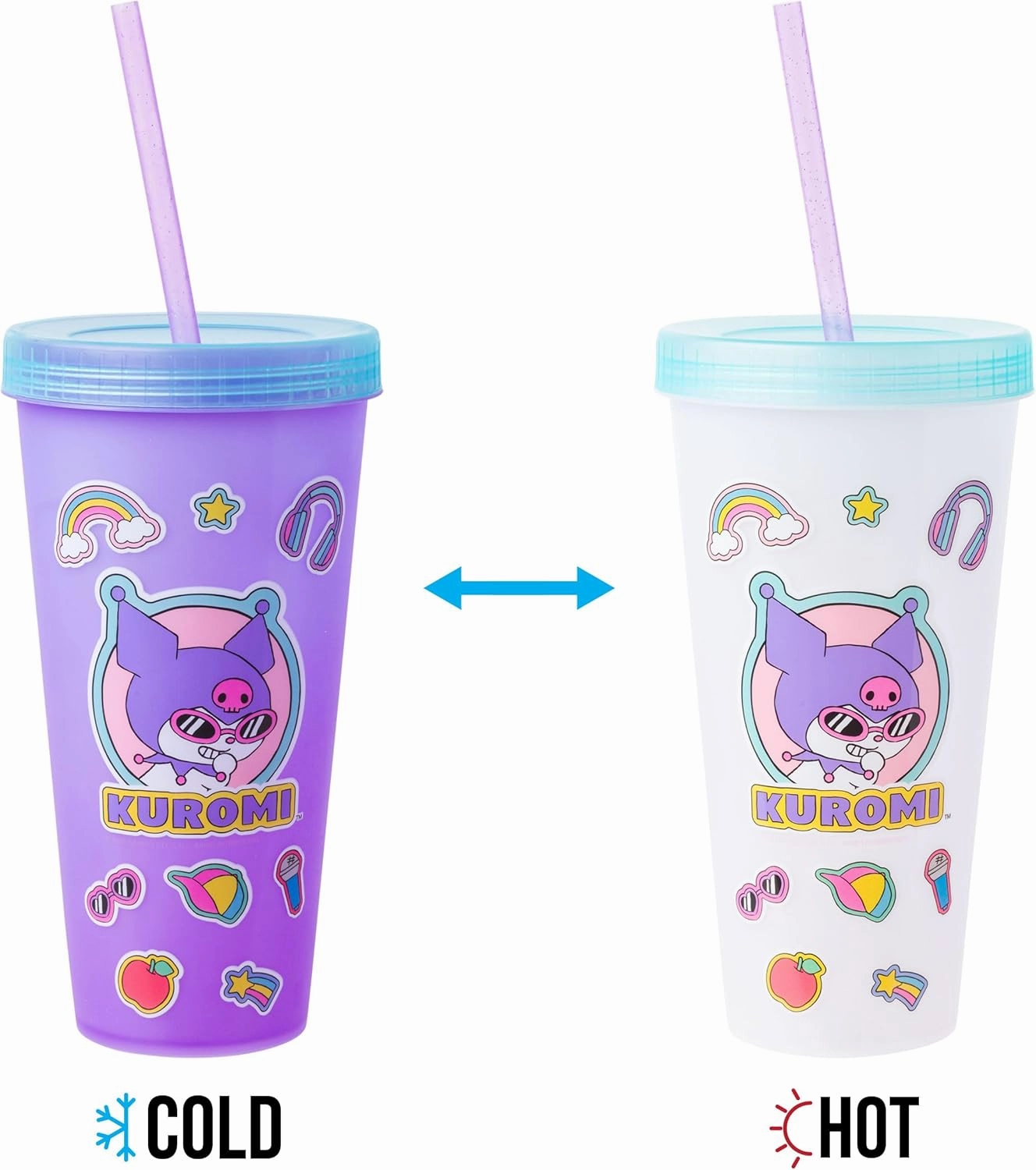 Silver Buffalo Sanrio Hello Kitty and Friends Sticker Design Featuring Kuromi, Keroppi, My Melody, and Hello Kitty 4 Pack Color Changing Plastic Tumbler Set with Glitter Straw, 24 Ounces