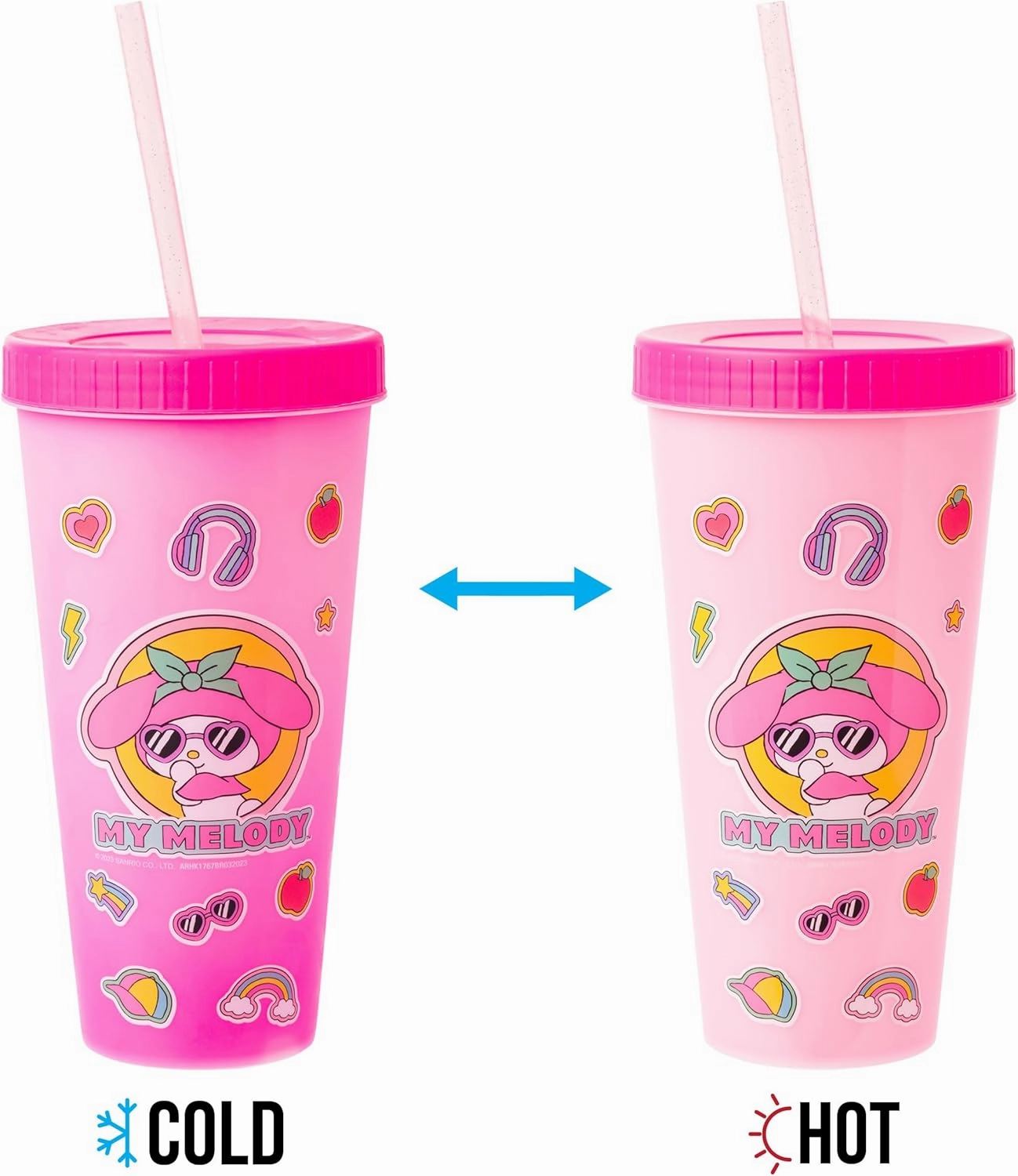 Silver Buffalo Sanrio Hello Kitty and Friends Sticker Design Featuring Kuromi, Keroppi, My Melody, and Hello Kitty 4 Pack Color Changing Plastic Tumbler Set with Glitter Straw, 24 Ounces