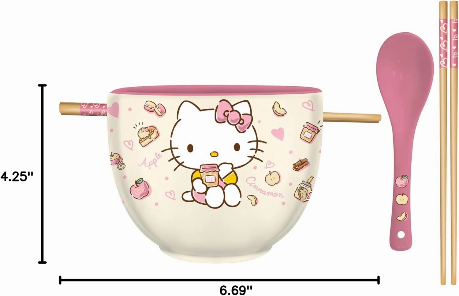 Silver Buffalo Sanrio Hello Kitty Apples and Cinnamon Ceramic Ramen Noodle Rice Bowl with Chopsticks and Spoon, Microwave Safe, 20 Ounces