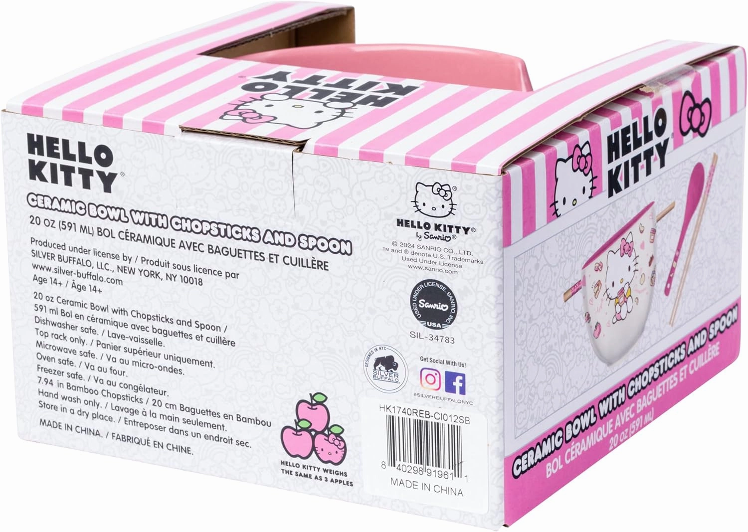 Silver Buffalo Sanrio Hello Kitty Apples and Cinnamon Ceramic Ramen Noodle Rice Bowl with Chopsticks and Spoon, Microwave Safe, 20 Ounces