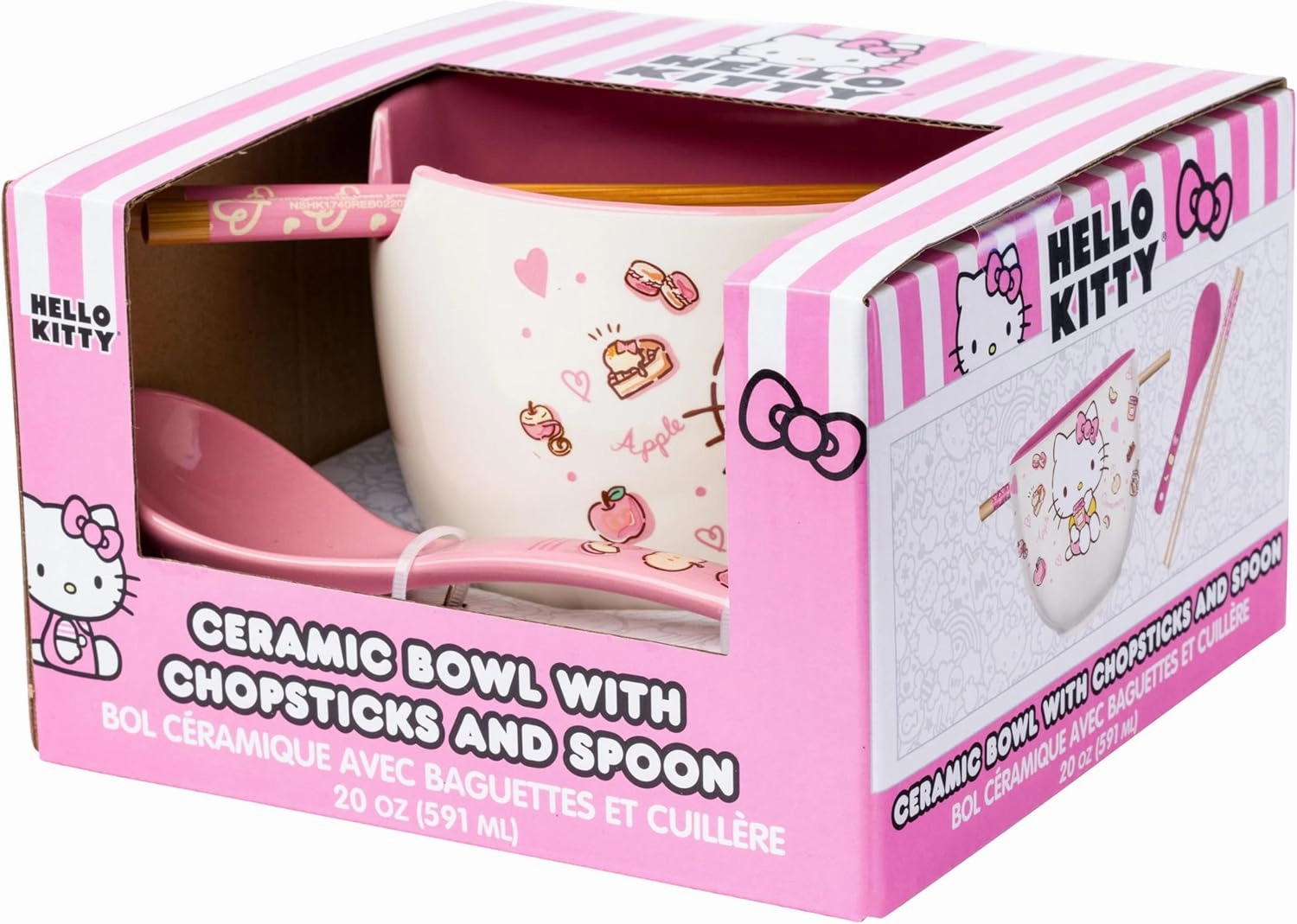 Silver Buffalo Sanrio Hello Kitty Apples and Cinnamon Ceramic Ramen Noodle Rice Bowl with Chopsticks and Spoon, Microwave Safe, 20 Ounces