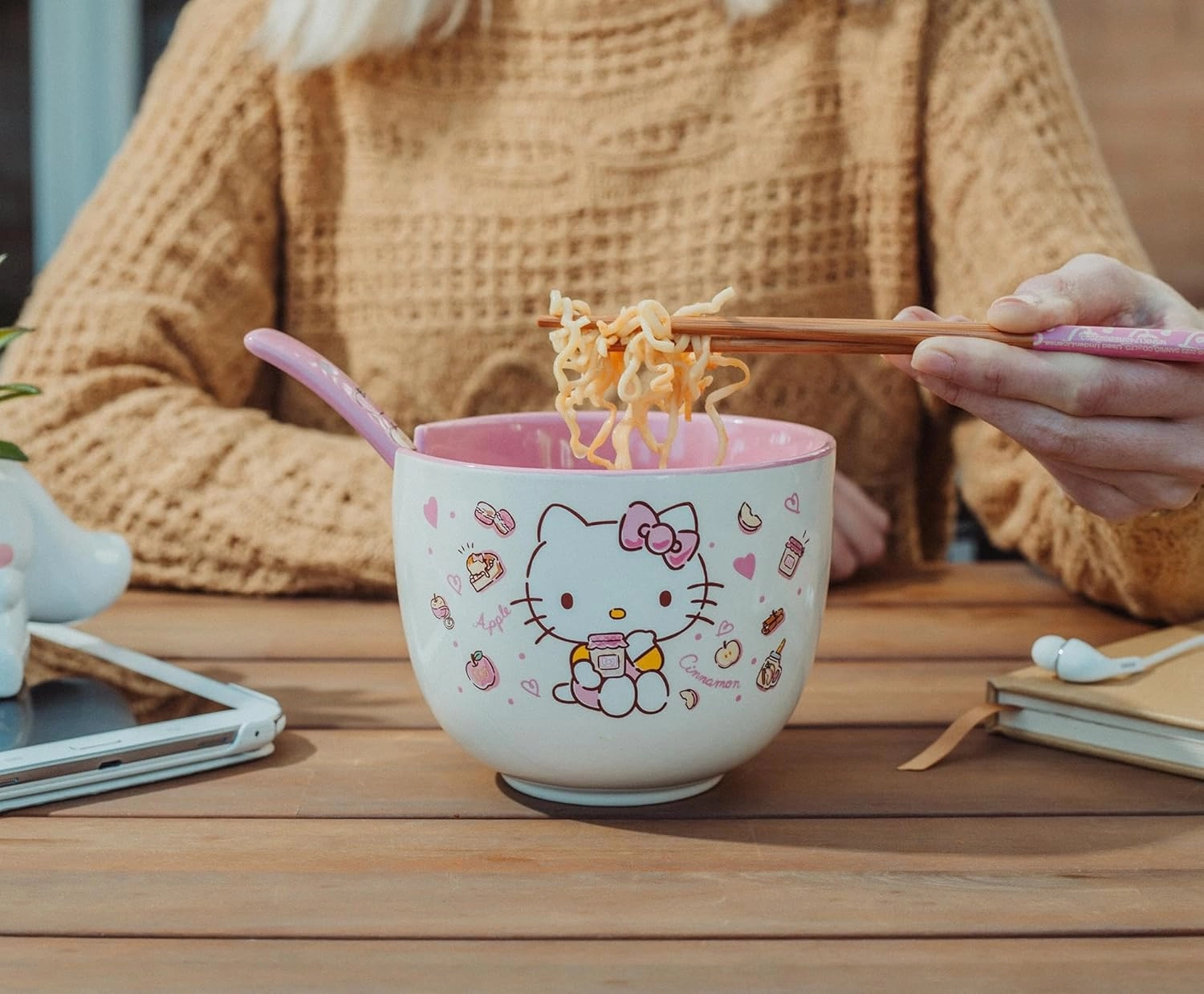 Silver Buffalo Sanrio Hello Kitty Apples and Cinnamon Ceramic Ramen Noodle Rice Bowl with Chopsticks and Spoon, Microwave Safe, 20 Ounces
