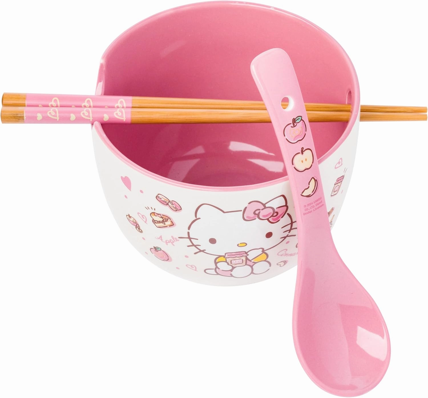 Silver Buffalo Sanrio Hello Kitty Apples and Cinnamon Ceramic Ramen Noodle Rice Bowl with Chopsticks and Spoon, Microwave Safe, 20 Ounces