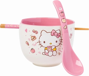 Silver Buffalo Sanrio Hello Kitty Apples and Cinnamon Ceramic Ramen Noodle Rice Bowl with Chopsticks and Spoon, Microwave Safe, 20 Ounces