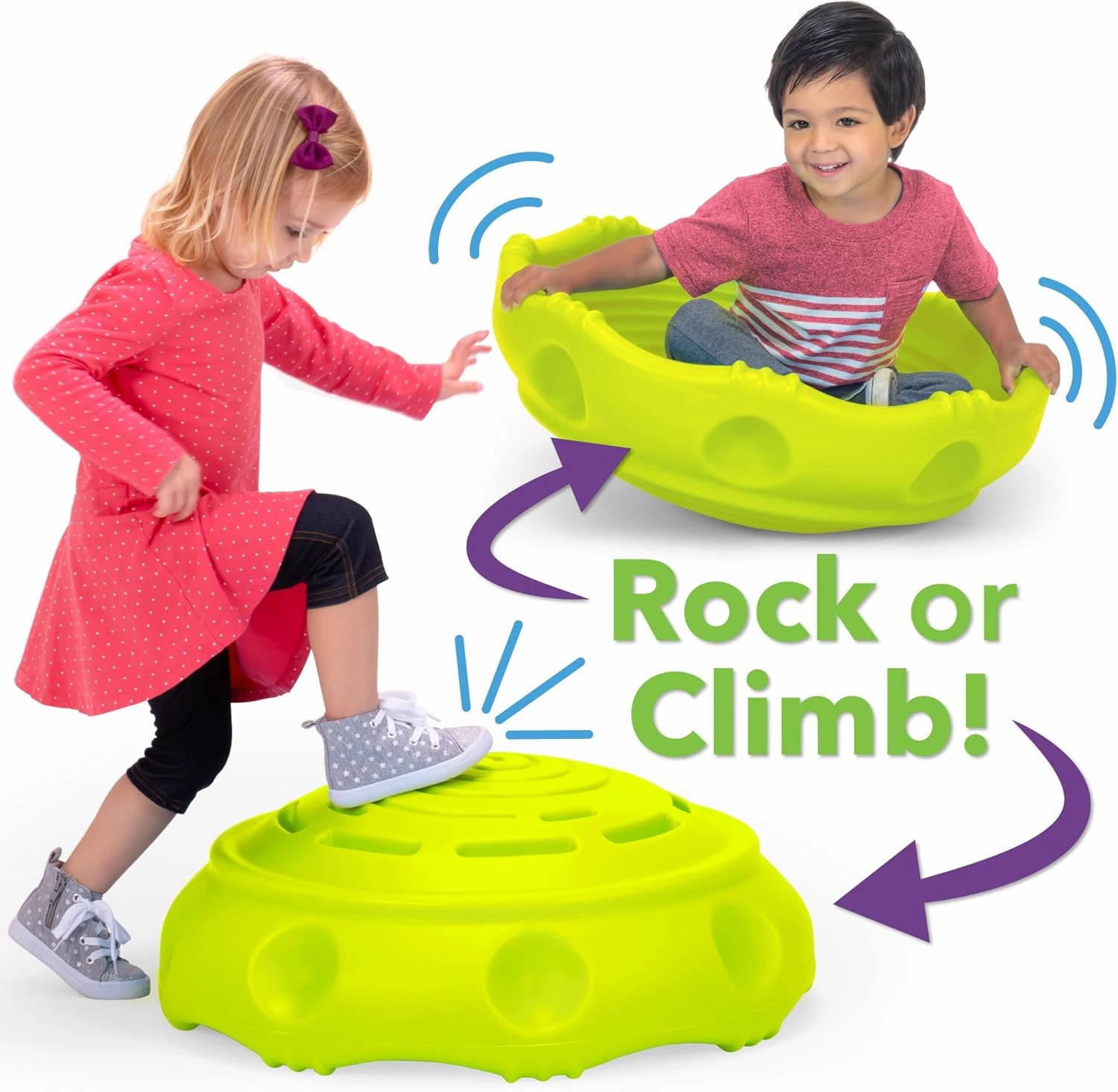 Simplay3 Two Sided Rock Around Wobble Disk and Climbing Dome for Toddlers and Kids - Rocking and Climbing - Indoor/Outdoor - Yellow/Green, Made in USA (1 Pack)