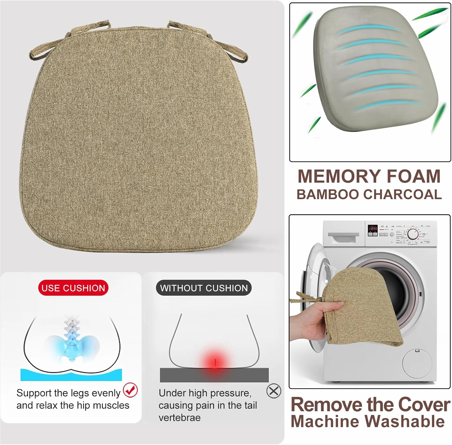 SINOSSO 1 Pack Memory Foam Chair Cushions for Dining Chair, Friendly Woven Fabric 16" U-Shape Comfortable Kitchen Chair Pad, Removable Slip Resistant Seat Cushion (1 Piece, Linen)