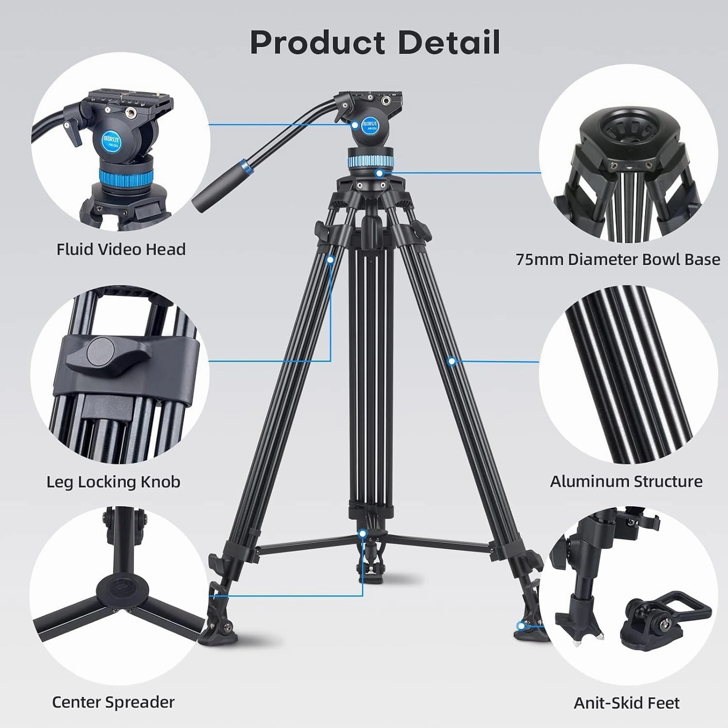 SIRUI AM-25S Video Tripod, 74.8" Professional Heavy Duty Tripod with Adjustable Damping Fluid Head for Camcorder, Cameras, DSLR, 360° Pan &  90°/-75° Tilt, Quick Release Plate, Max Load 22.0lb