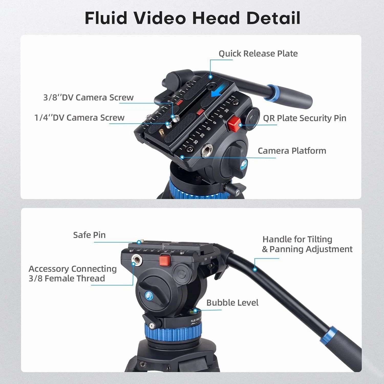 SIRUI AM-25S Video Tripod, 74.8" Professional Heavy Duty Tripod with Adjustable Damping Fluid Head for Camcorder, Cameras, DSLR, 360° Pan &  90°/-75° Tilt, Quick Release Plate, Max Load 22.0lb