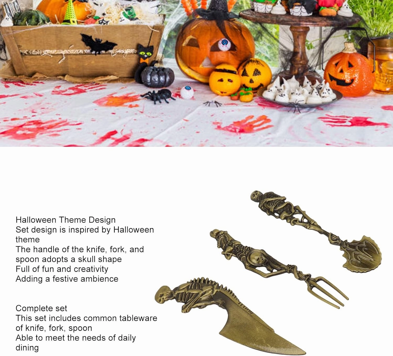 Skeleton Skull Silverware Set, Cutlery Set 3 PCS Includes Spoon Fork and Knife Flatware Tableware Design Modern Look Great Gifts For Halloween Easter and Christmas (Gold)