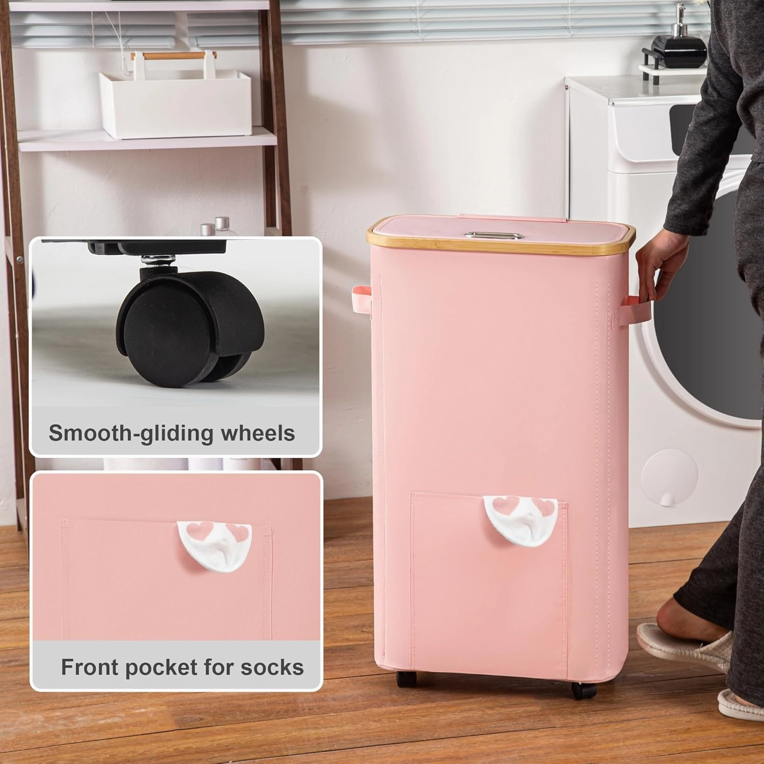 Slim Laundry Basket with Wheels, Tall Dirty Clothes Hamper on Wheels, Narrow Rolling Laundry Hamper with lid for Dorm, Bedroom and Bathroom, 65L Pink