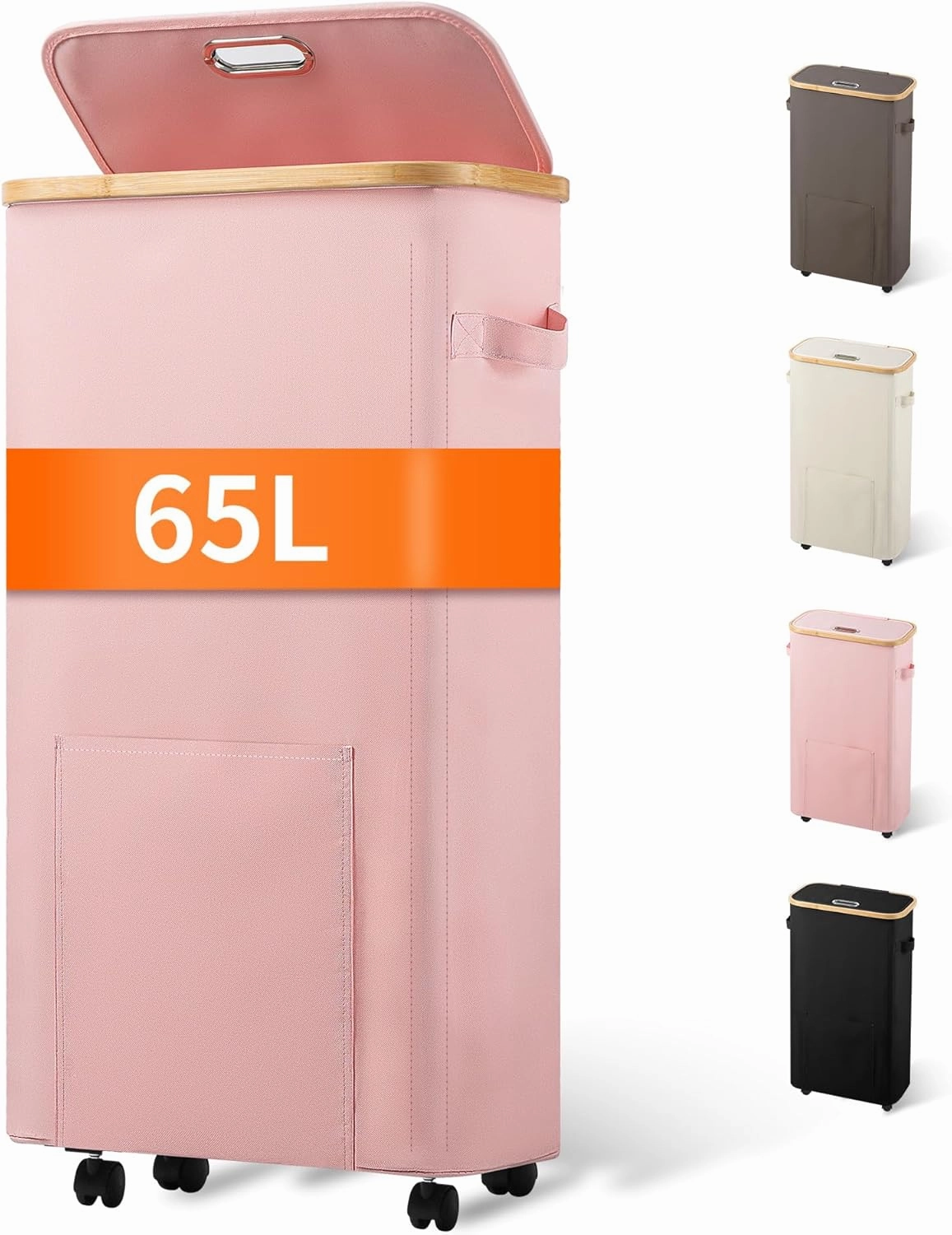 Slim Laundry Basket with Wheels, Tall Dirty Clothes Hamper on Wheels, Narrow Rolling Laundry Hamper with lid for Dorm, Bedroom and Bathroom, 65L Pink