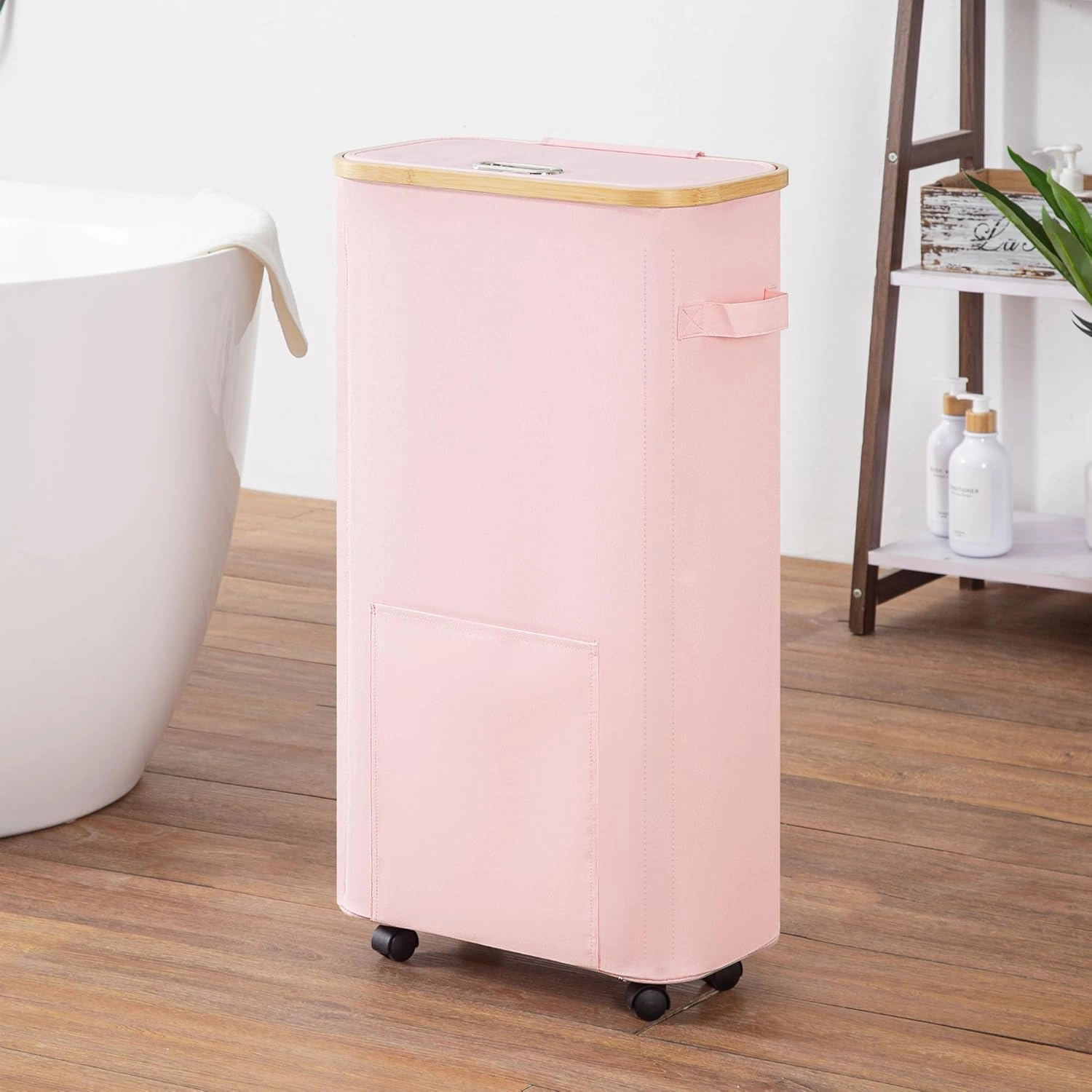 Slim Laundry Basket with Wheels, Tall Dirty Clothes Hamper on Wheels, Narrow Rolling Laundry Hamper with lid for Dorm, Bedroom and Bathroom, 65L Pink