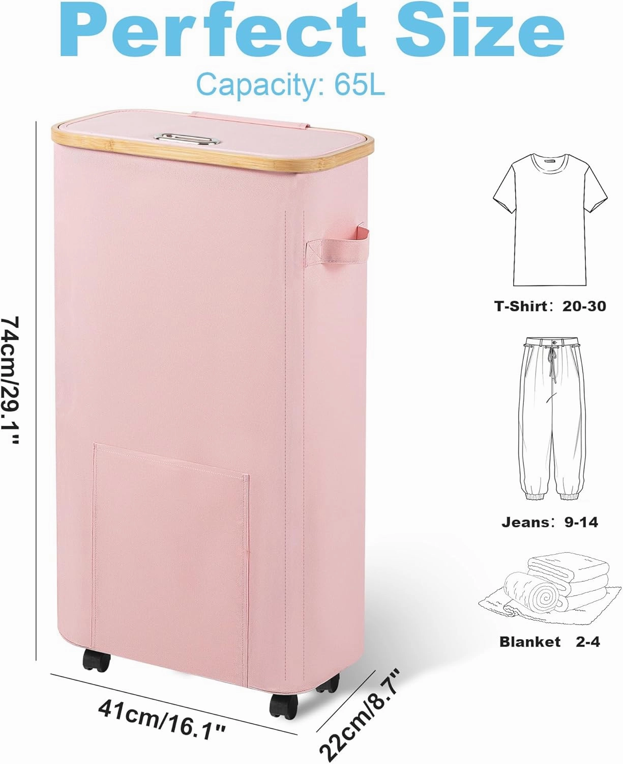 Slim Laundry Basket with Wheels, Tall Dirty Clothes Hamper on Wheels, Narrow Rolling Laundry Hamper with lid for Dorm, Bedroom and Bathroom, 65L Pink