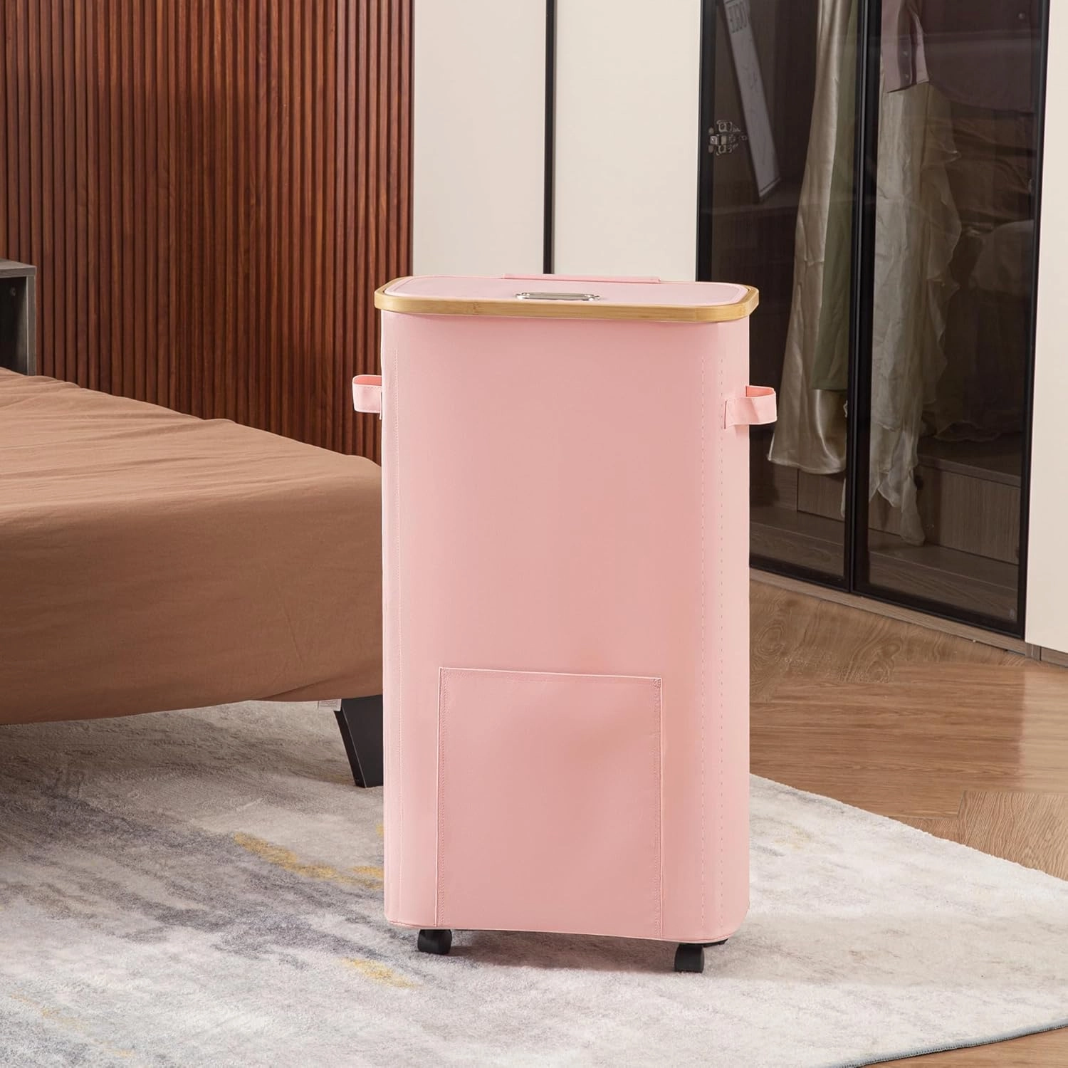 Slim Laundry Basket with Wheels, Tall Dirty Clothes Hamper on Wheels, Narrow Rolling Laundry Hamper with lid for Dorm, Bedroom and Bathroom, 65L Pink