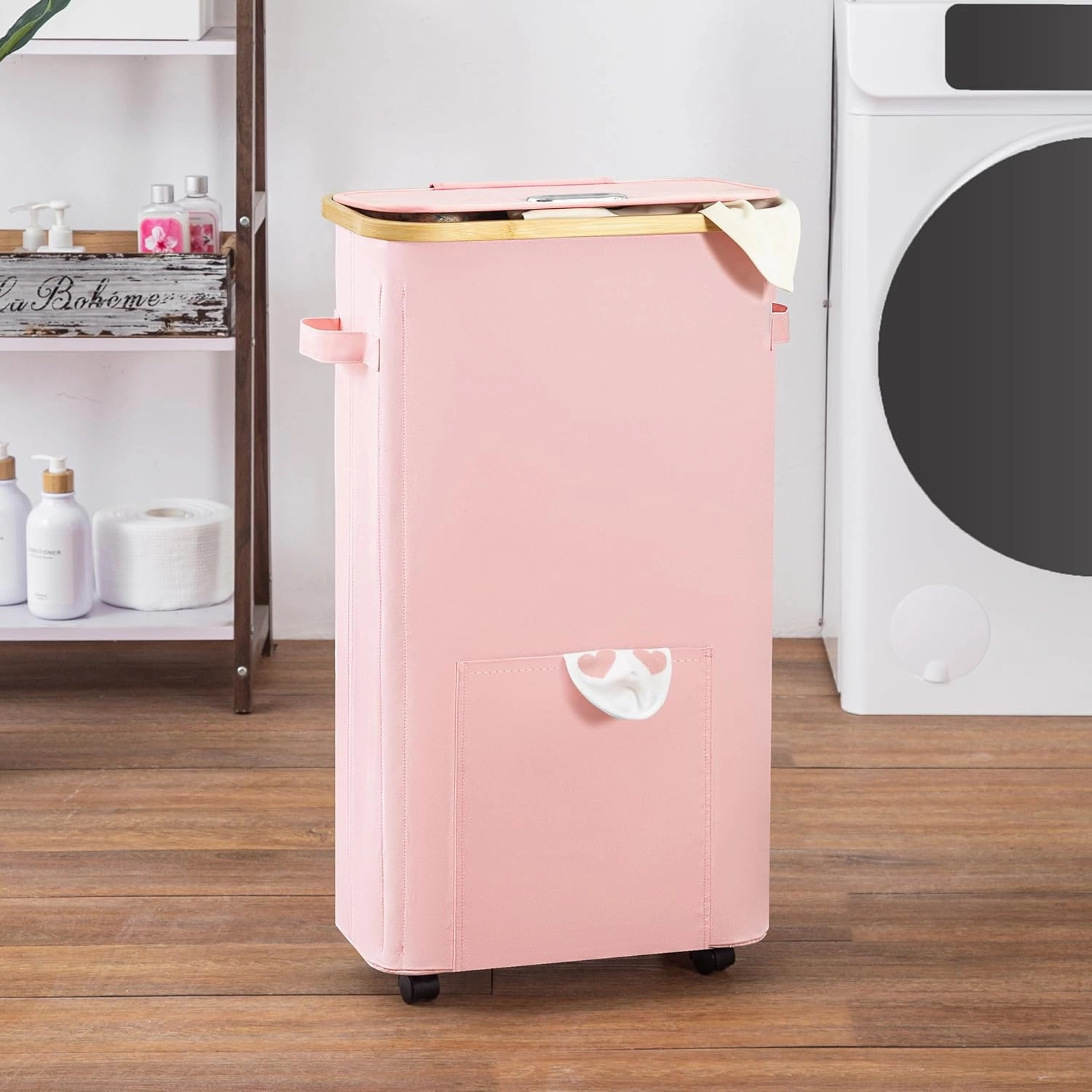 Slim Laundry Basket with Wheels, Tall Dirty Clothes Hamper on Wheels, Narrow Rolling Laundry Hamper with lid for Dorm, Bedroom and Bathroom, 65L Pink