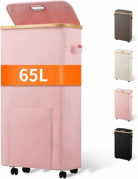 Slim Laundry Basket with Wheels, Tall Dirty Clothes Hamper on Wheels, Narrow Rolling Laundry Hamper with lid for Dorm, Bedroom and Bathroom, 65L Pink
