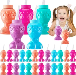 Sliner Mermaid Tumblers with Lids and Straws, Mermaid Cups Favors Summer Plastic Sipper Cups for Kids Mermaid Birthday Party Gifts Supplies Decorations(24 Pcs, Mermaid)