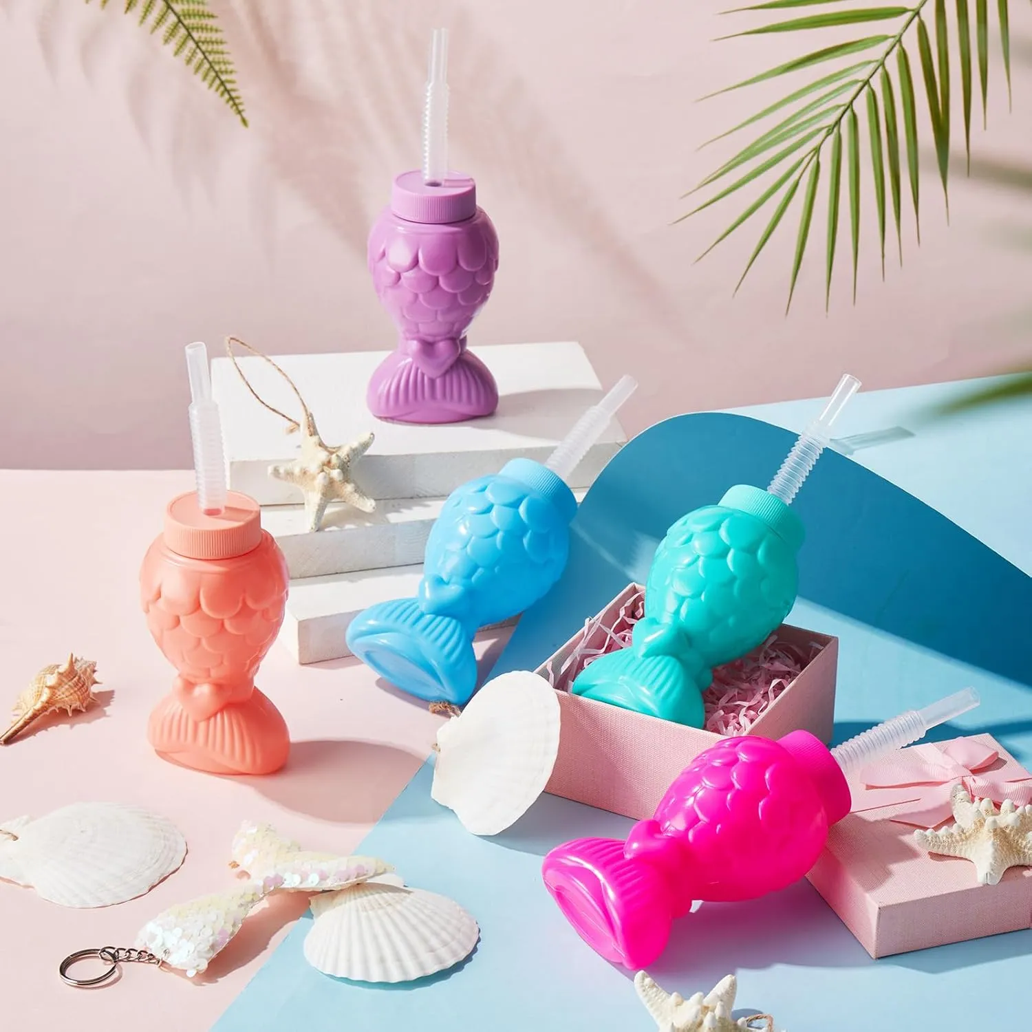 Sliner Mermaid Tumblers with Lids and Straws, Mermaid Cups Favors Summer Plastic Sipper Cups for Kids Mermaid Birthday Party Gifts Supplies Decorations(24 Pcs, Mermaid)