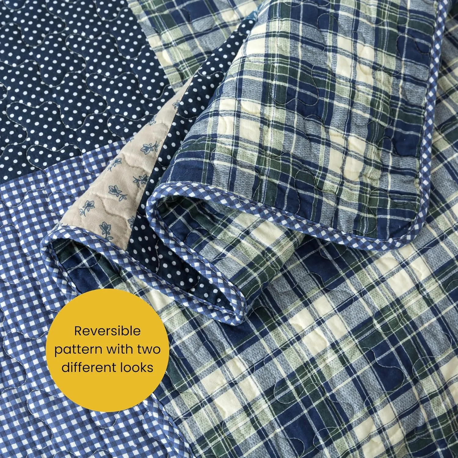 SLPR Blue Symphony Cotton Pieced Quilt Set - Twin with 1 Sham, Farmhouse Patchwork Quilted Bedspread with Check and Plaid Pattern, Lightweight and Cozy Country Checkered Bedding
