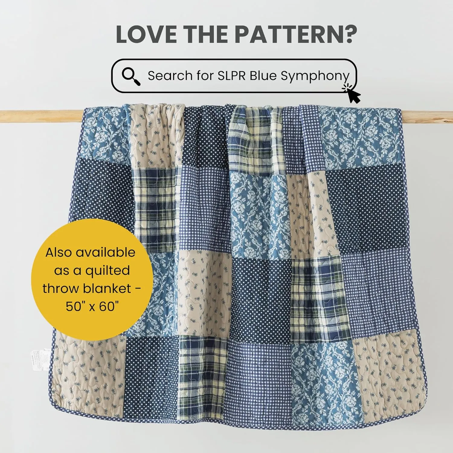SLPR Blue Symphony Cotton Pieced Quilt Set - Twin with 1 Sham, Farmhouse Patchwork Quilted Bedspread with Check and Plaid Pattern, Lightweight and Cozy Country Checkered Bedding